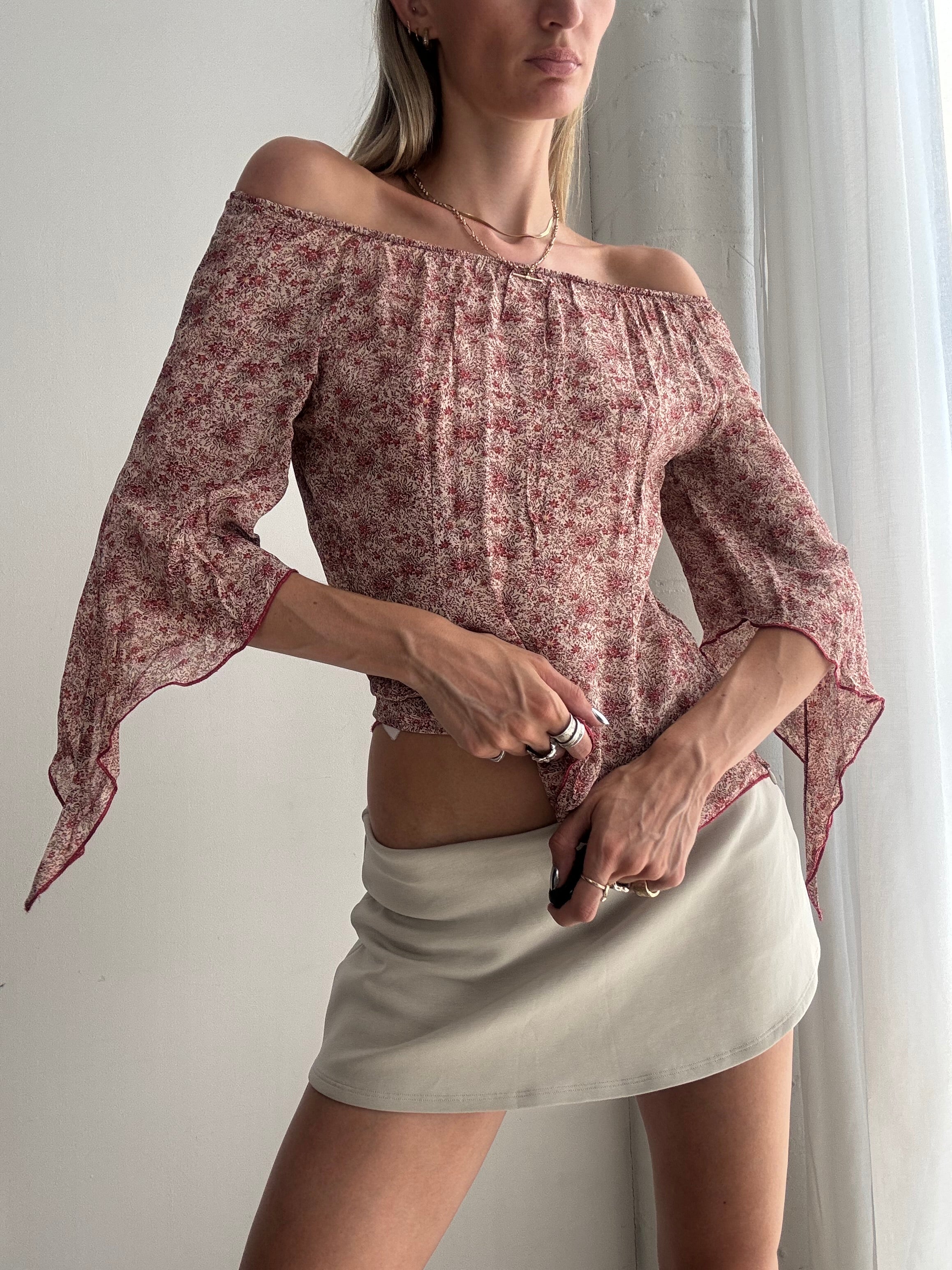 Vintage Y2K Red Floral Off Shoulder Top – Sheer Boho Bell Sleeve Blouse - Size M