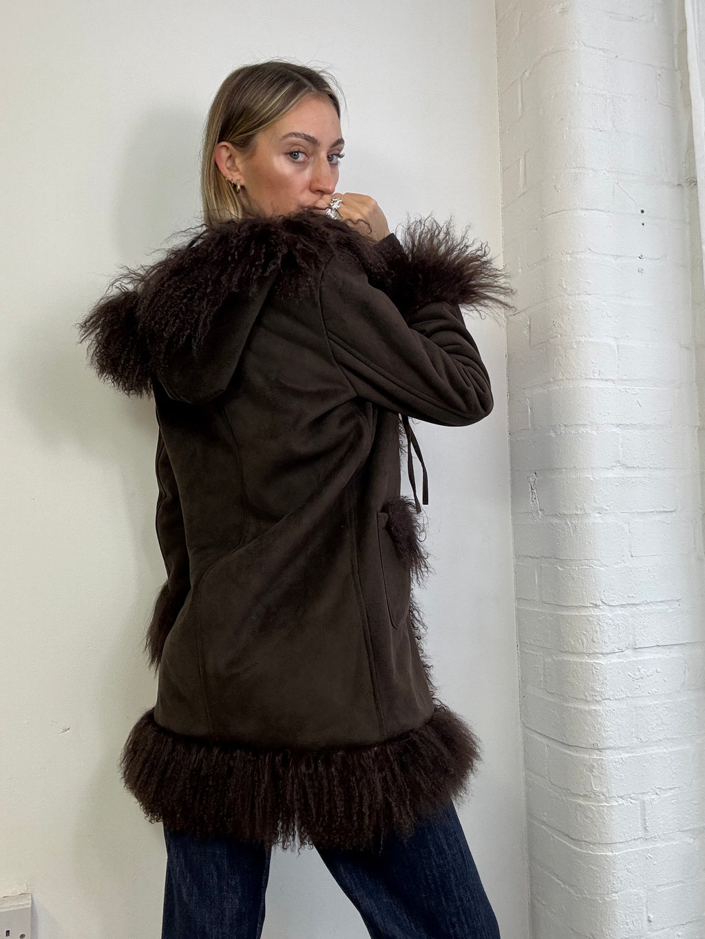 Vintage Y2K hooded Mongolian fur trim coat