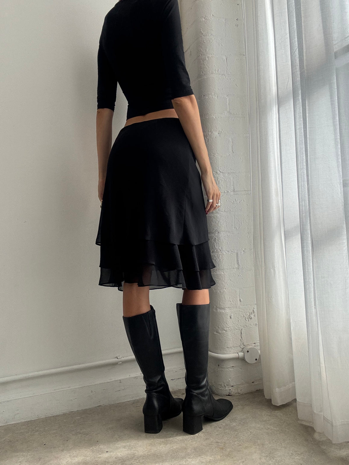 Vintage Y2K Black Asymmetric Layered Mesh Midi Skirt - Size S