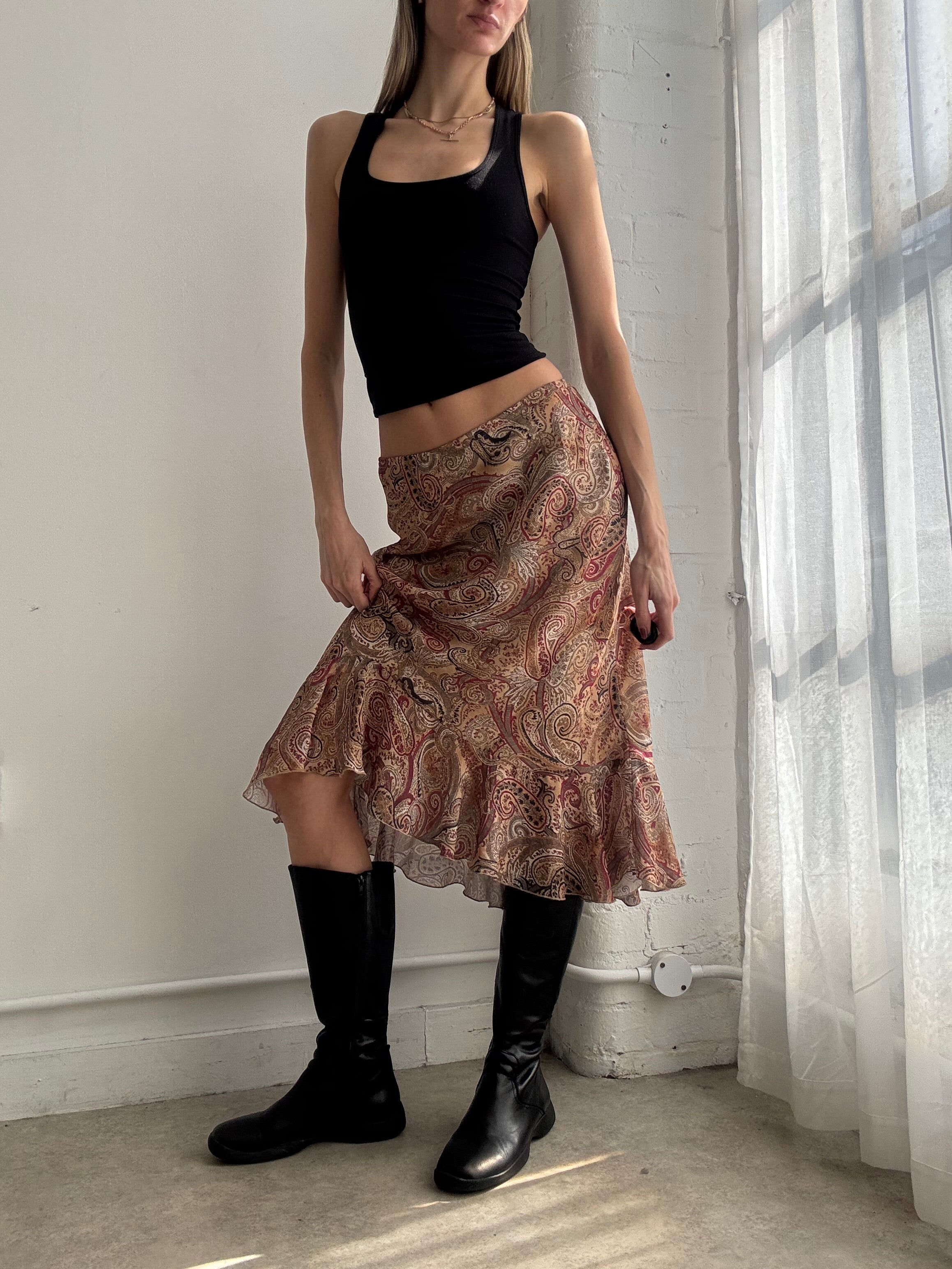 Vintage Y2K brown paisley mesh midi skirt