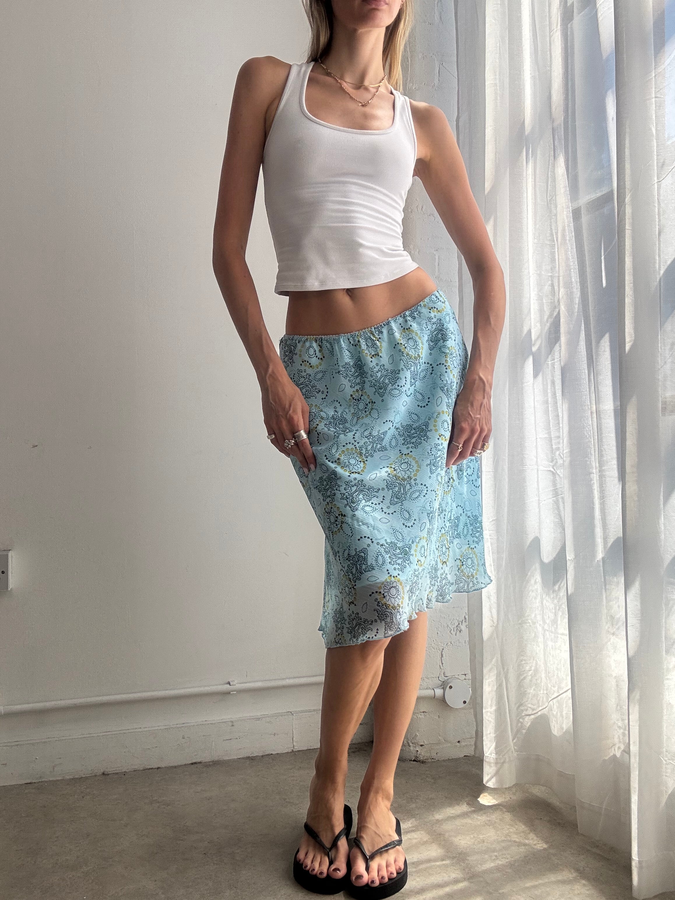 Vintage Blue Floral Mesh Midi Skirt Y2K - Size M