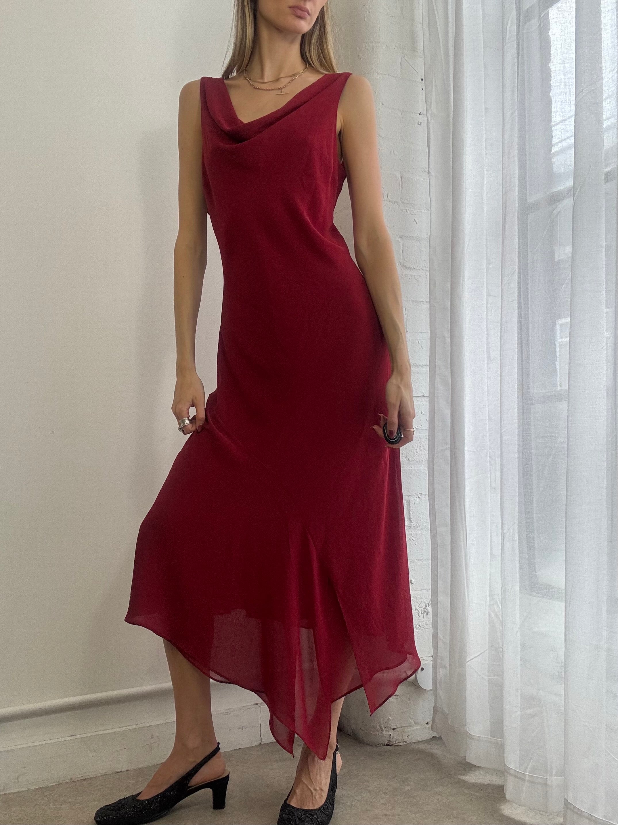 Vintage 90s Red Mesh Cowl Neck Midi Dress Asymmetric