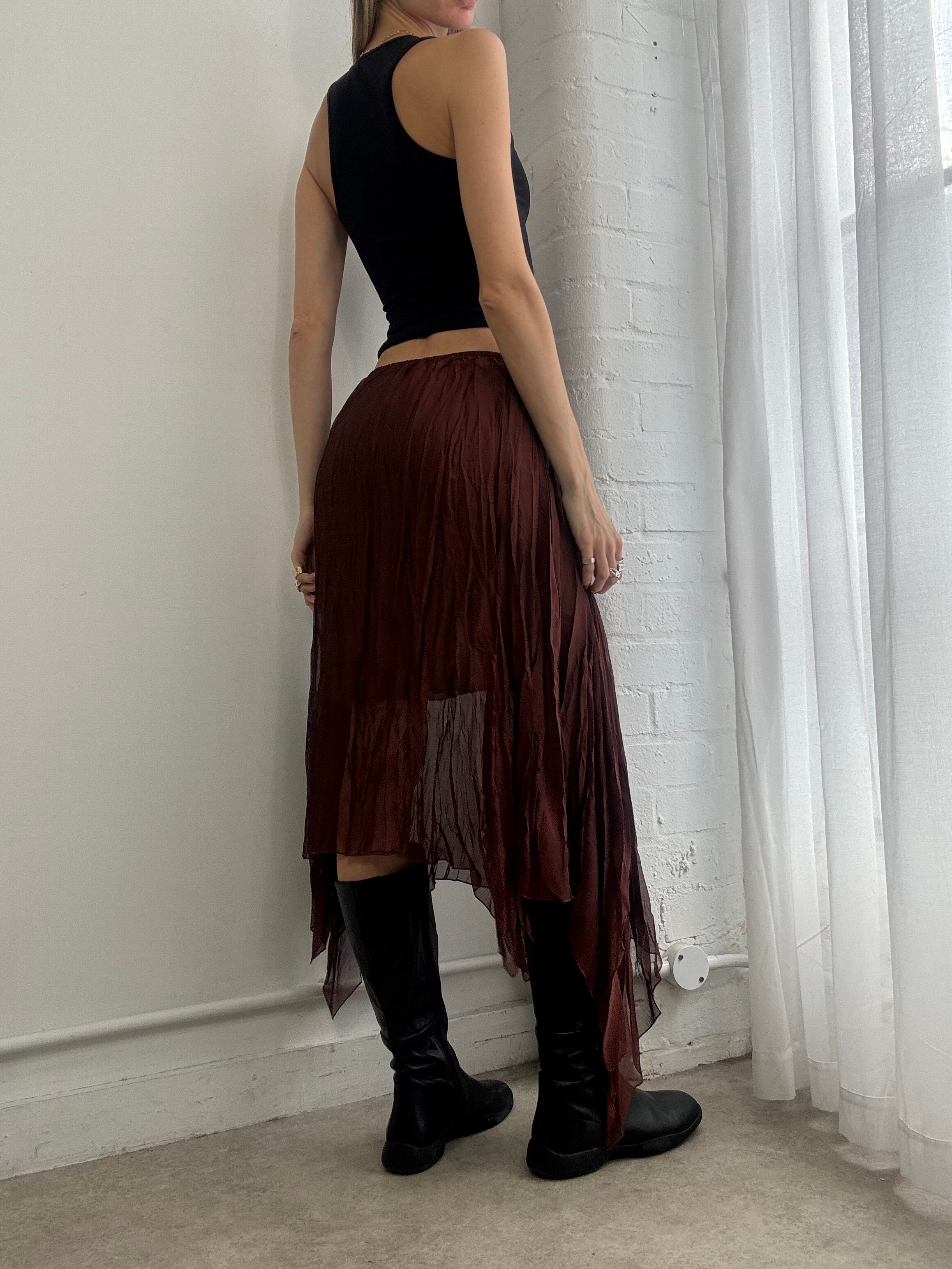 Vintage Y2K brown sheer mesh asymmetric pleated midi skirt