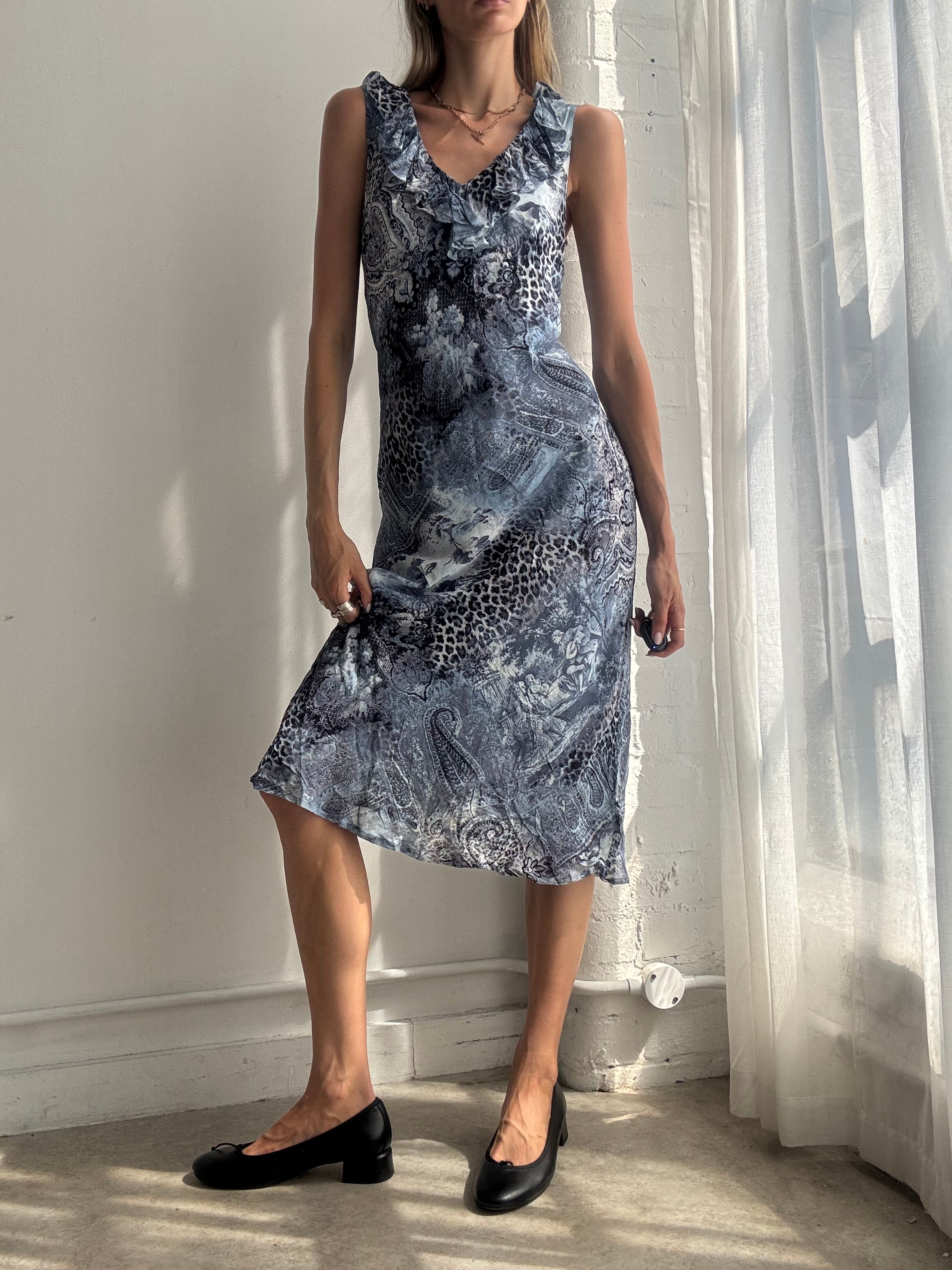 Vintage Y2K Blue Paisley Mesh Midi Dress - Size M