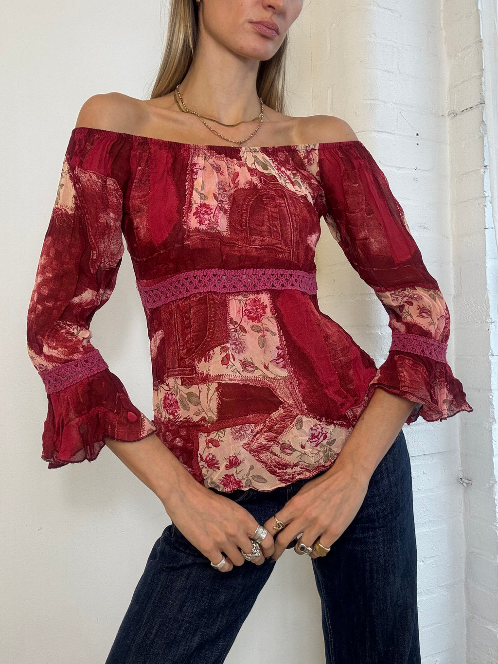 Vintage Y2K Red Floral Patchwork Bardot Peasant Top - Size S/M