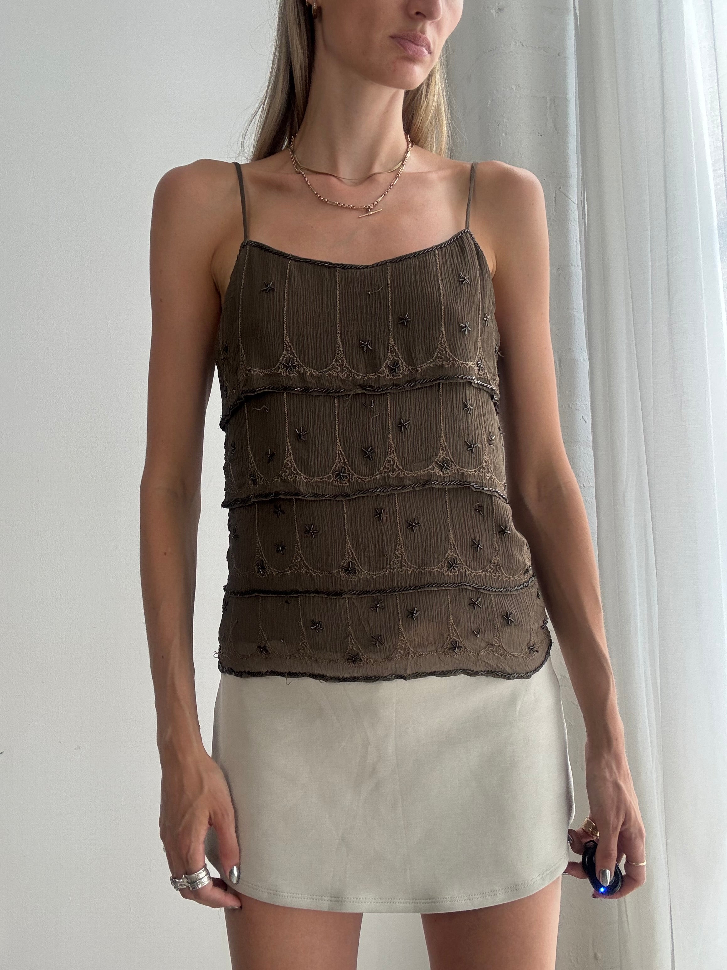 Vintage Y2K Khaki Green Embellished Silk Cami Top – Beaded Layered Tank - Size XS/S