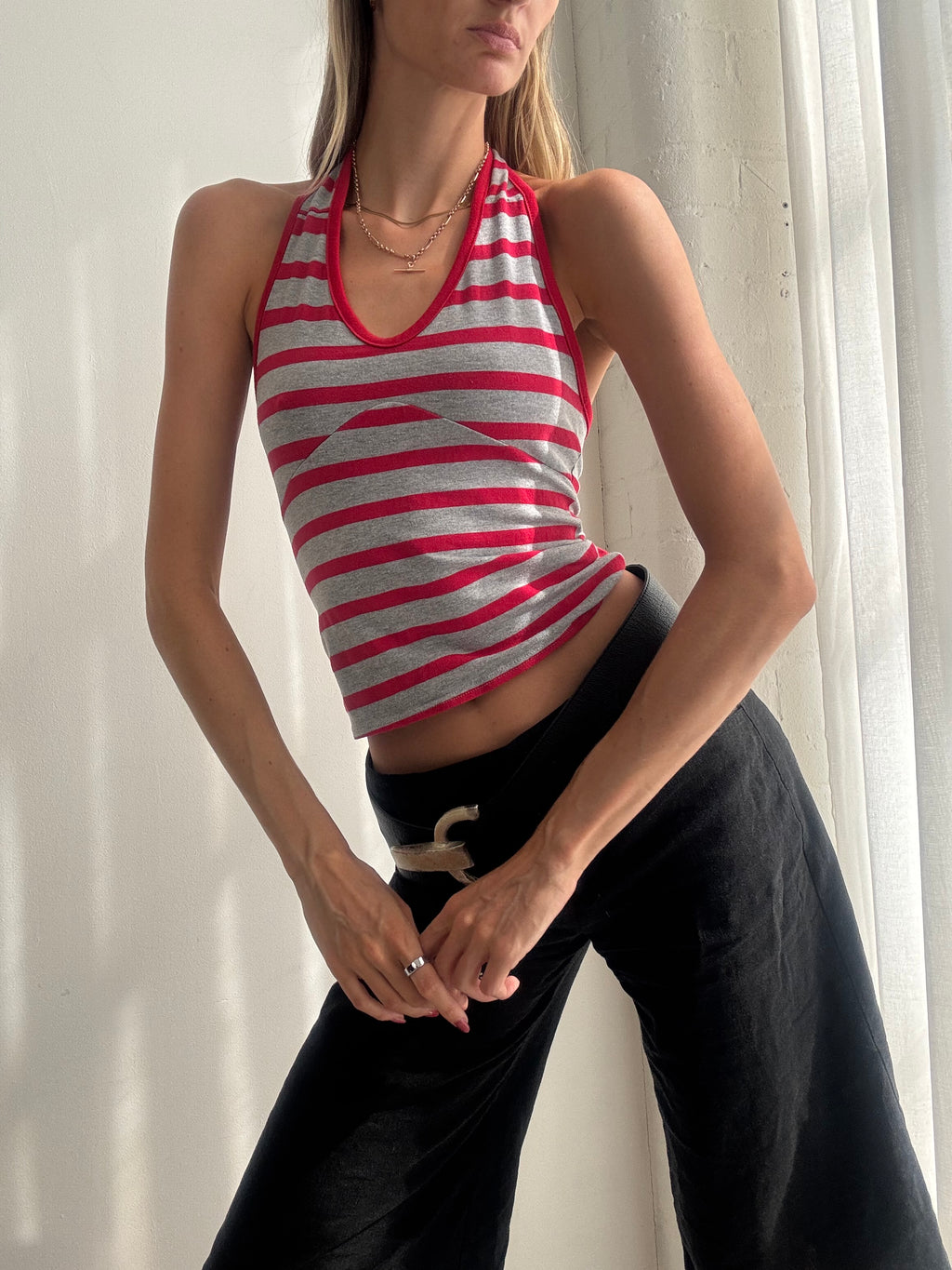 Vintage Y2K Red & Grey Striped Halter Top - Size XS