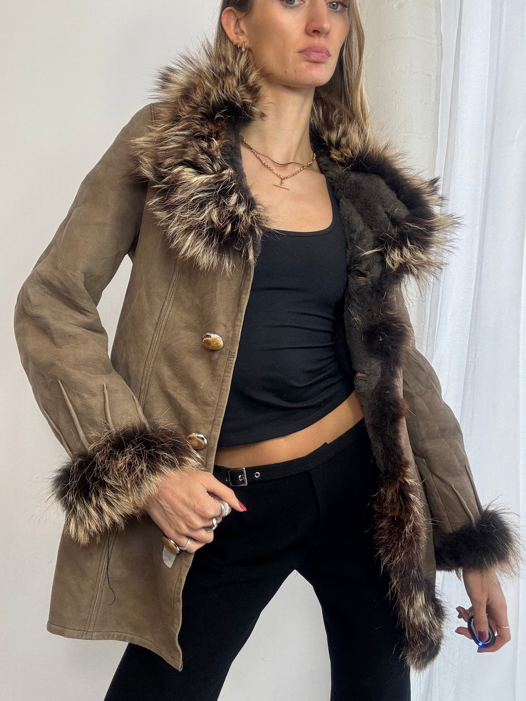 Vintage 90s brown suede coat fur trim