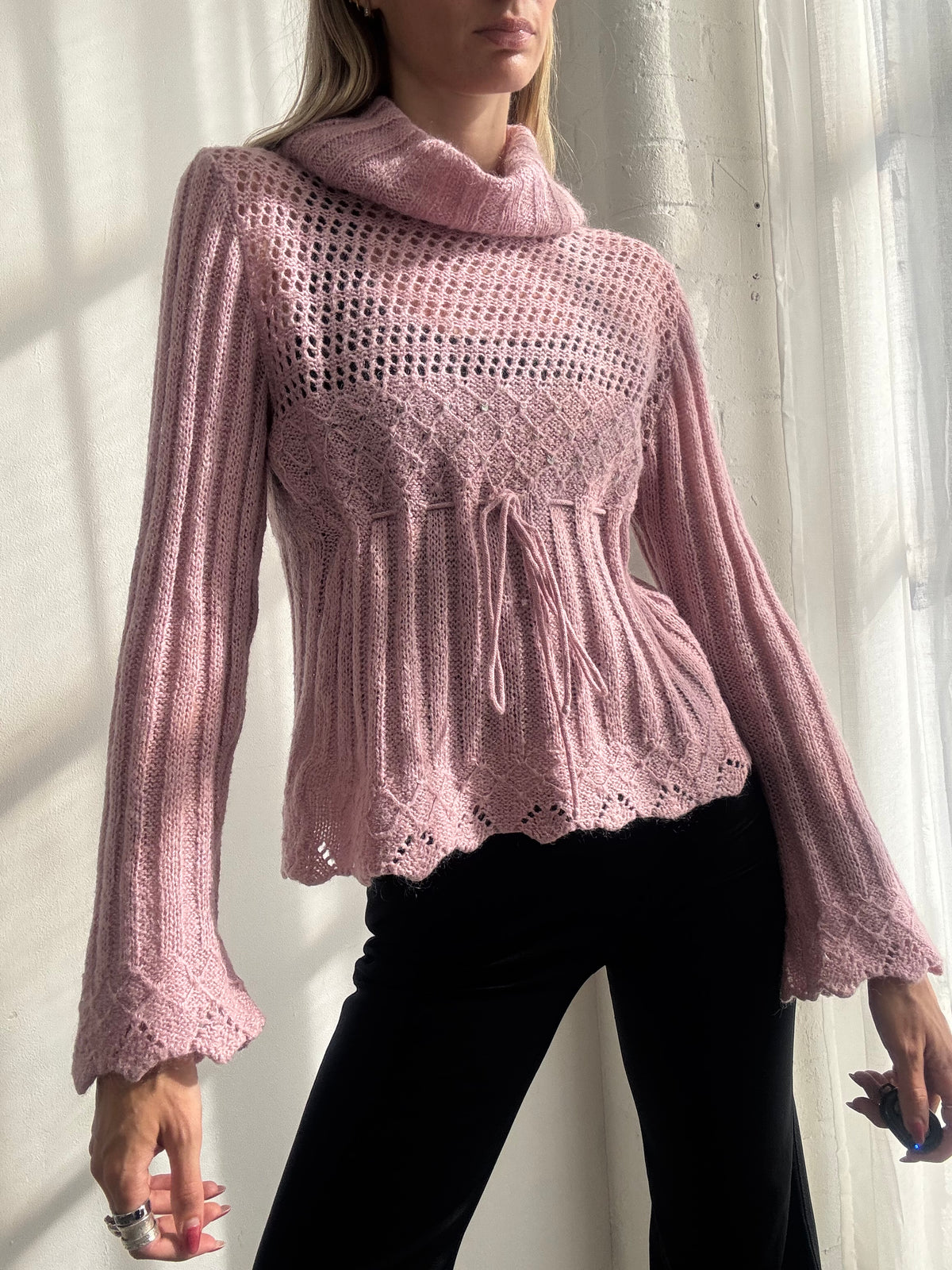 Vintage Y2K Morgan De Toi Dusty Pink Crochet Knit Bell Sleeve Top - Size S/M