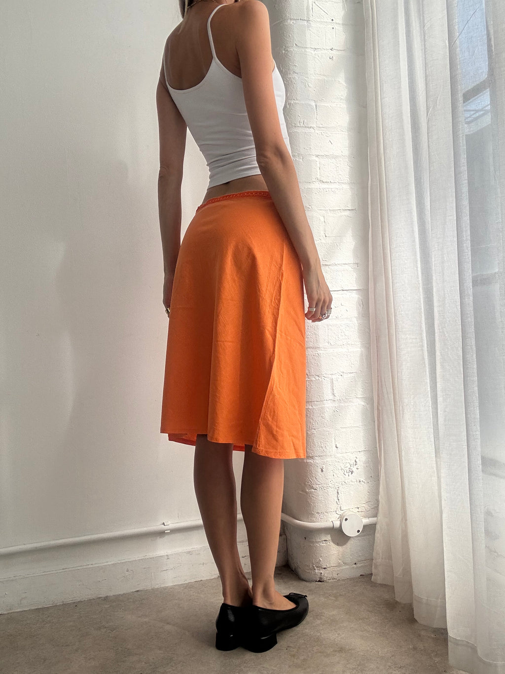 Vintage Y2K Bright Orange Linen Midi Skirt - Size S/M