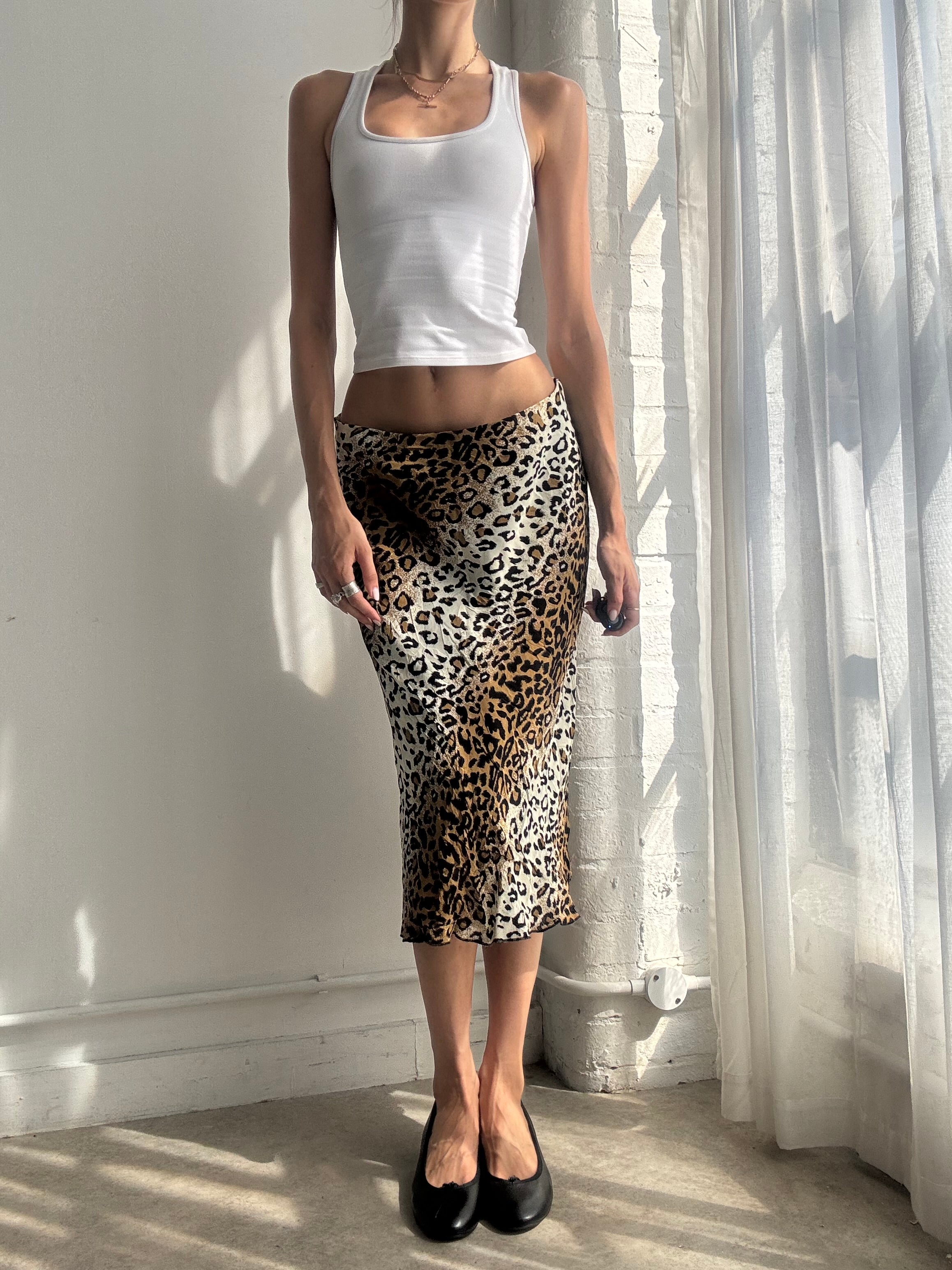 Vintage Y2K Leopard Print Silk Midi Skirt - Size S