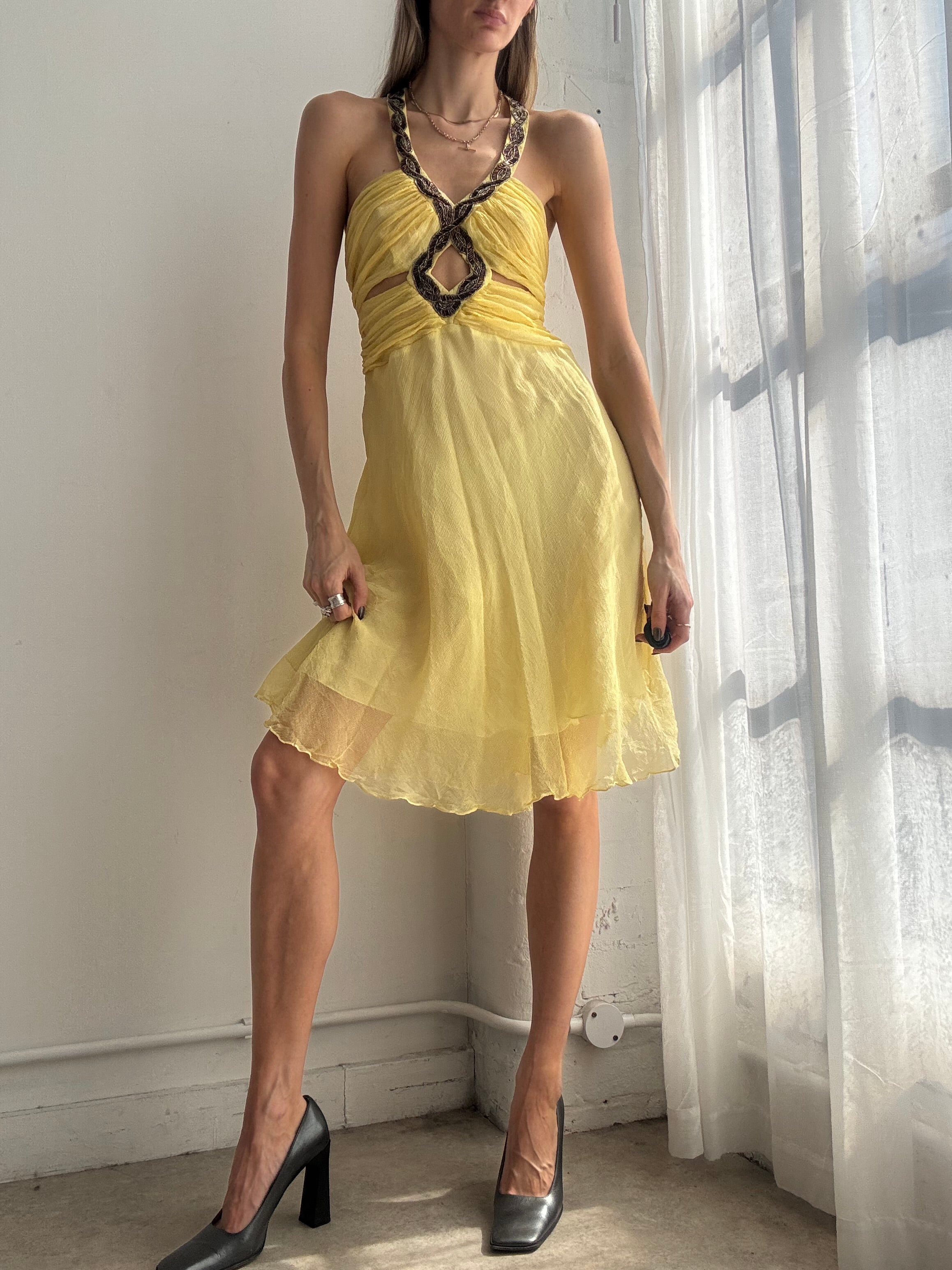 Vintage Y2K lemon yellow silk embellished midi dress - Size M