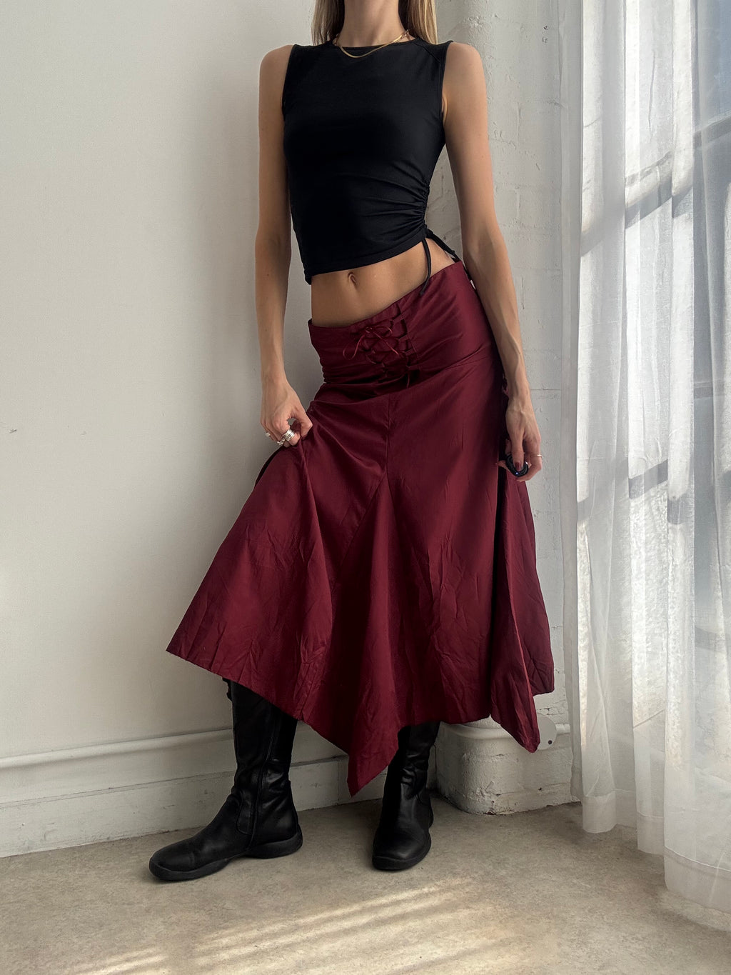 Vintage Y2K burgundy asymmetric midi skirt