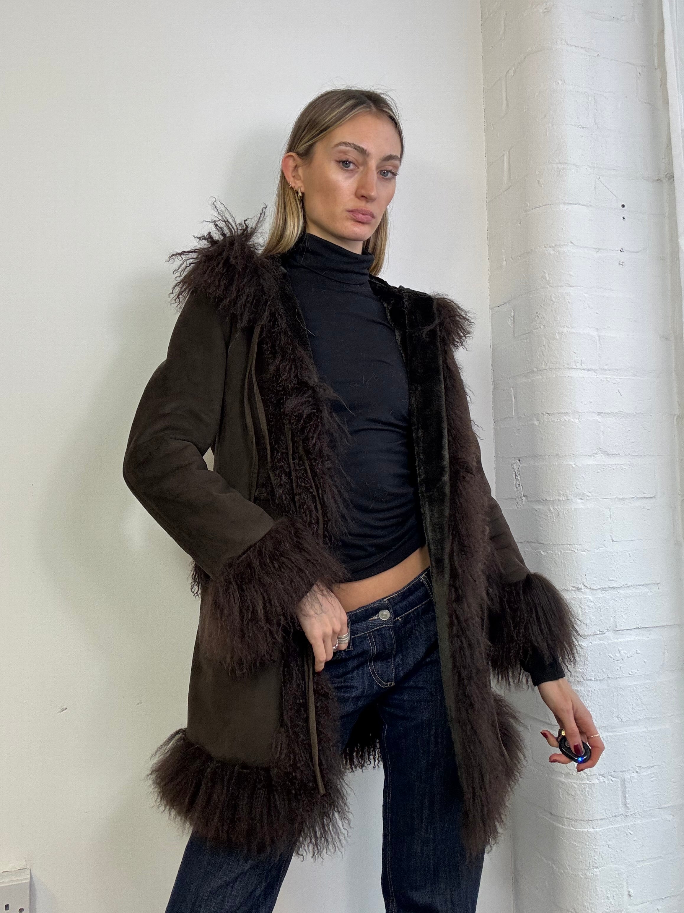 Vintage Y2K hooded Mongolian fur trim coat