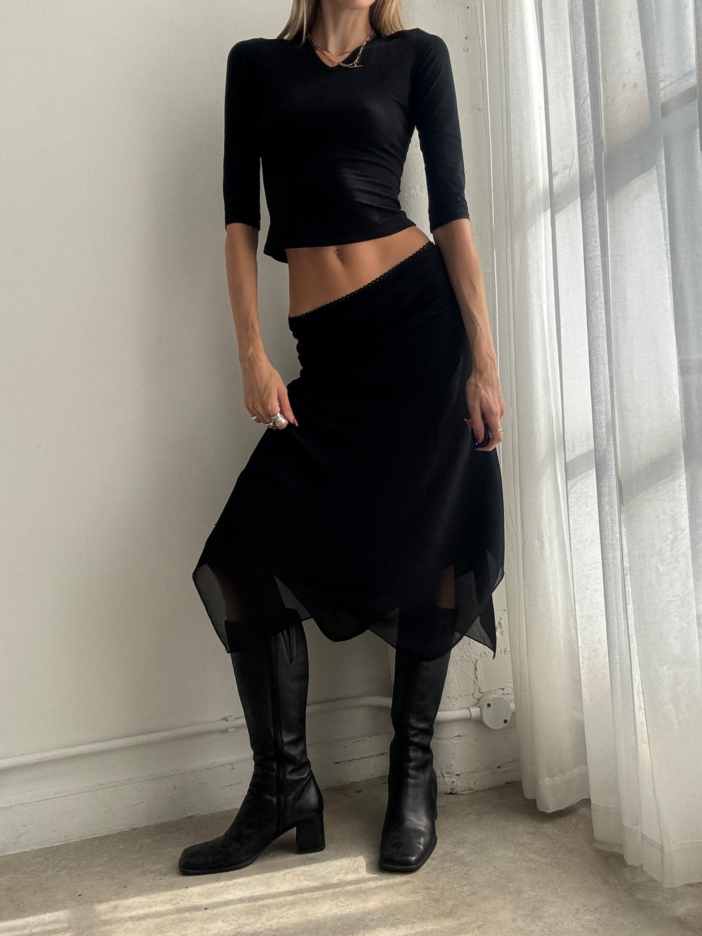 Vintage Y2K Black Mesh Asymmetric Midi Skirt - Size XS