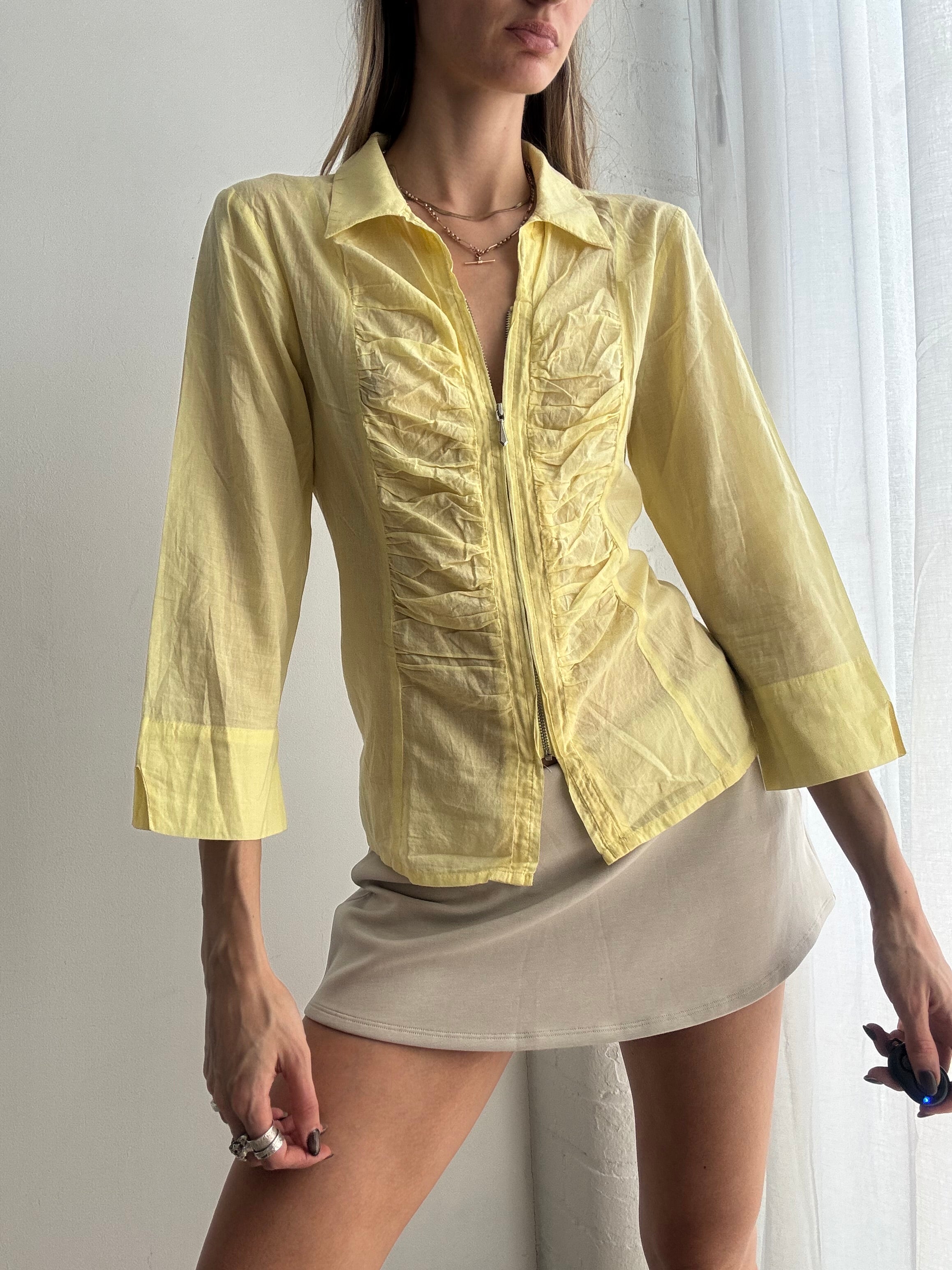 Vintage Y2K lemon yellow cotton ruched zip blouse - Size M