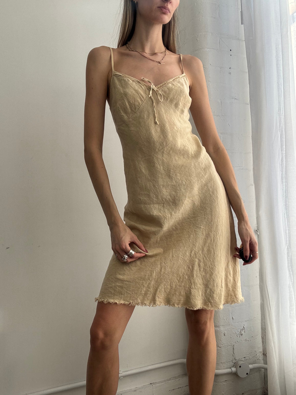 Vintage Y2K cream linen slip midi dress