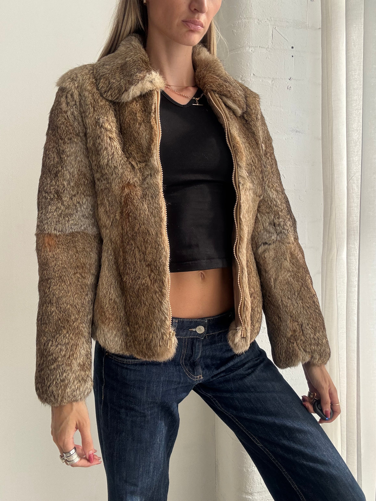 Vintage 90s Brown Real Fur Cropped Jacket - Size XS