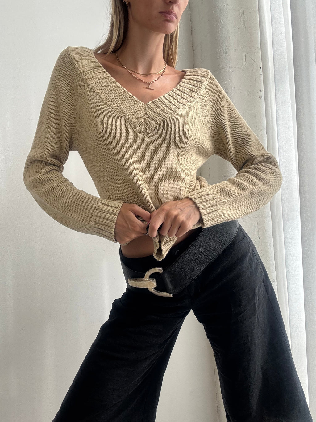 Vintage 90s Cream V-Neck Knit Jumper - Size M