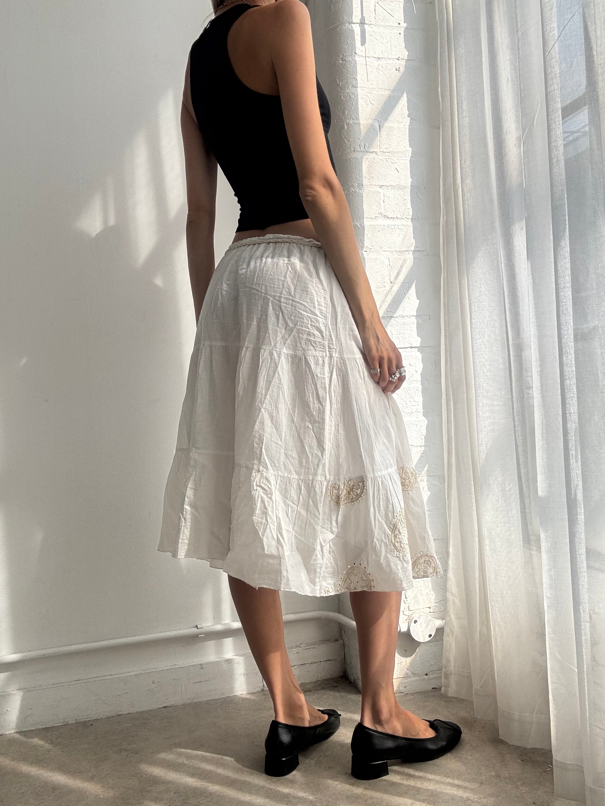 Vintage Y2K White Embroidered Cotton Boho Midi Skirt - Size XS/S