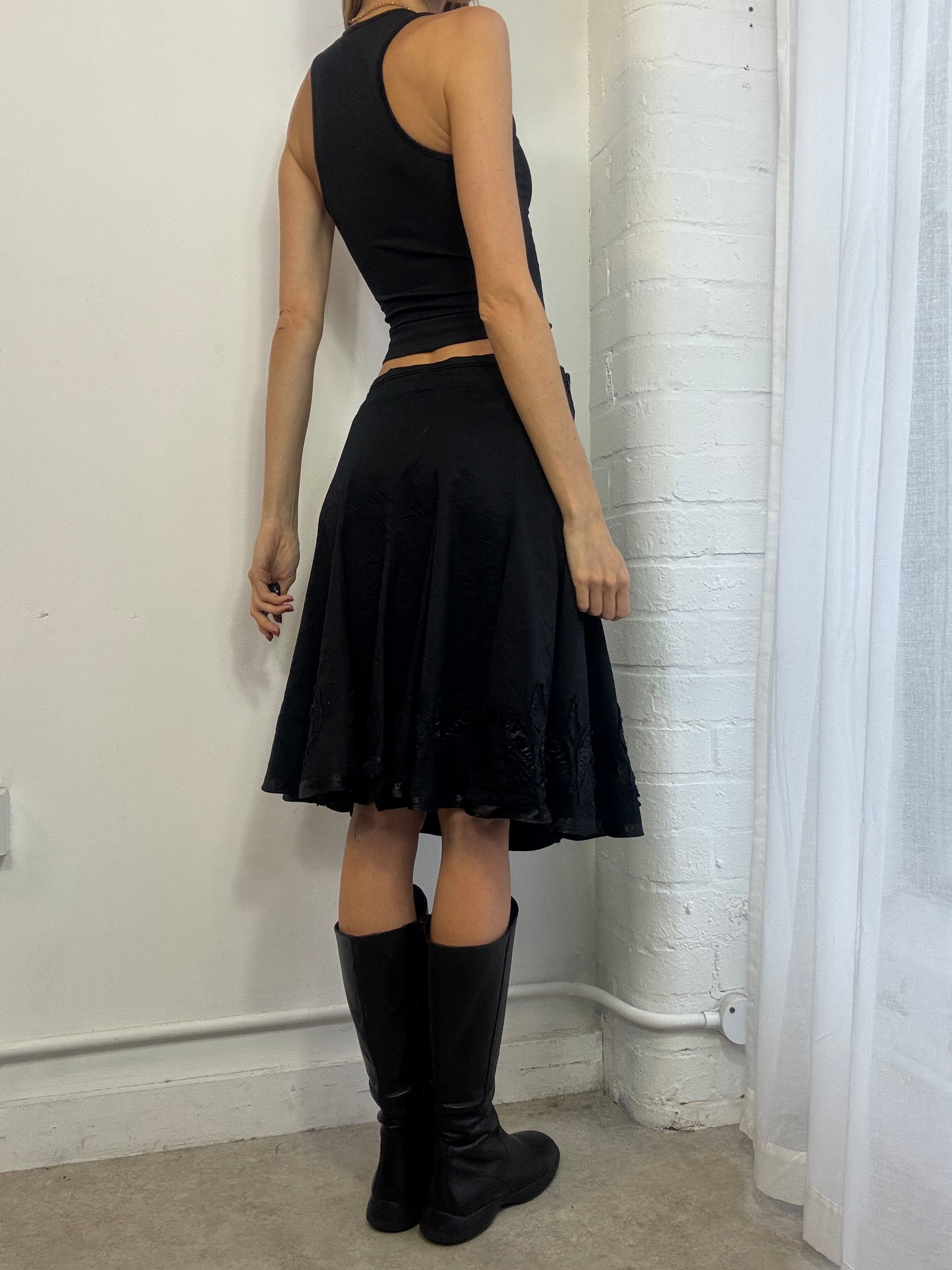 Vintage Y2K embroidered floral black cotton midi skirt