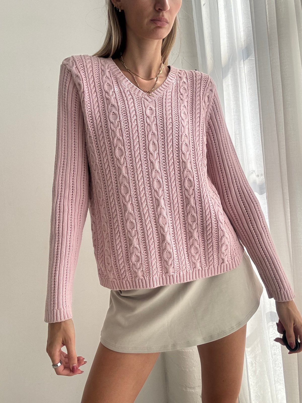Vintage Y2K Baby Pink Cable Knit V Neck Jumper - Size M