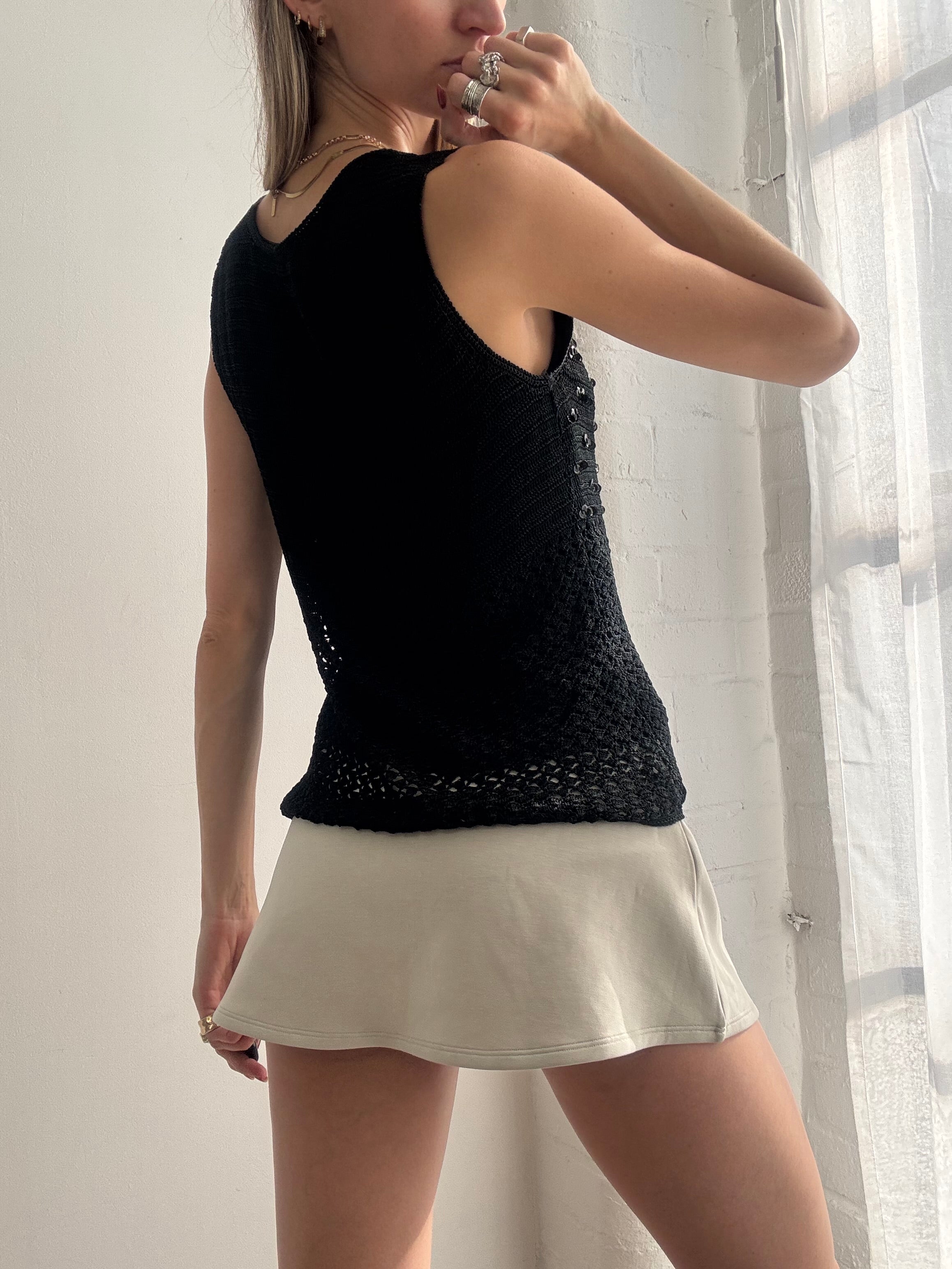 Vintage Y2k Crochet Boat Neck Top Sequin Black