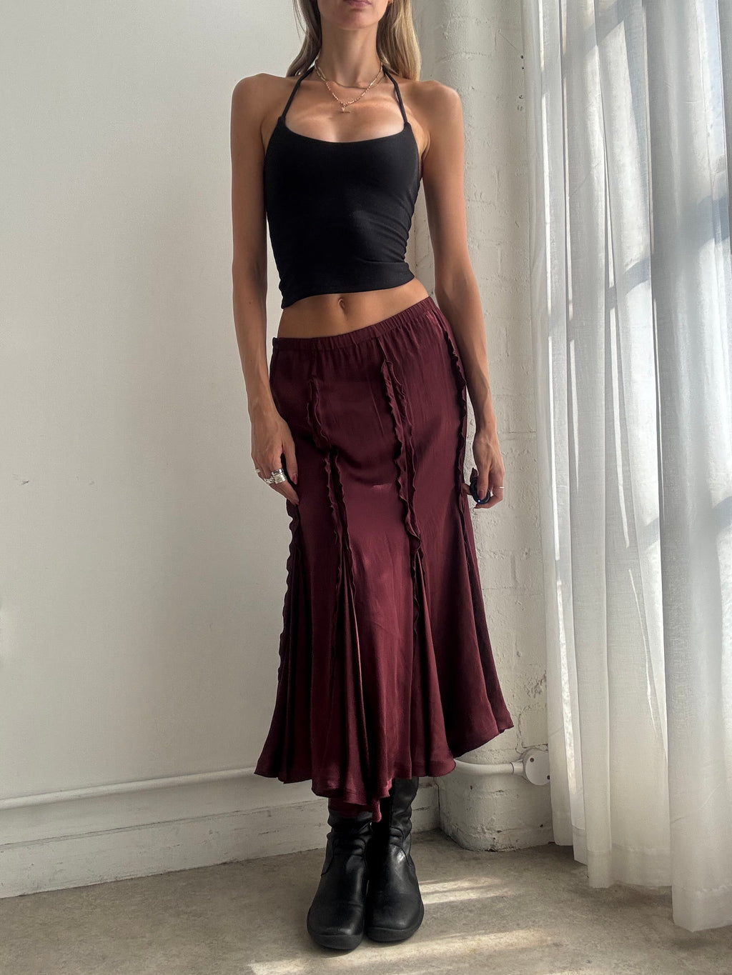 Vintage Y2K Burgundy Silk Ruffle Maxi Skirt - Size S