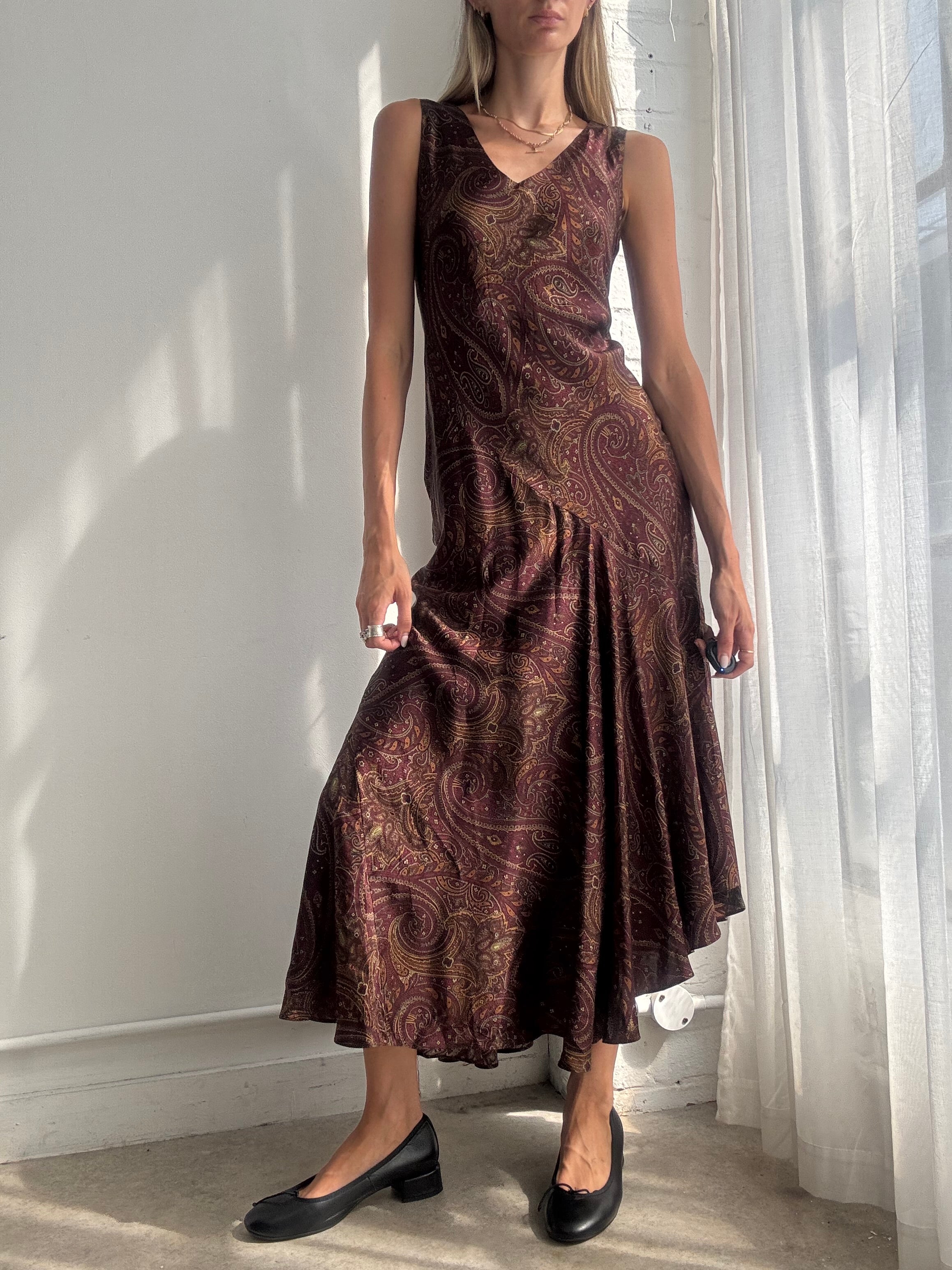 Vintage Y2K Ralph Lauren Burgundy Paisley Bias Cut Silk Maxi Dress - Size M