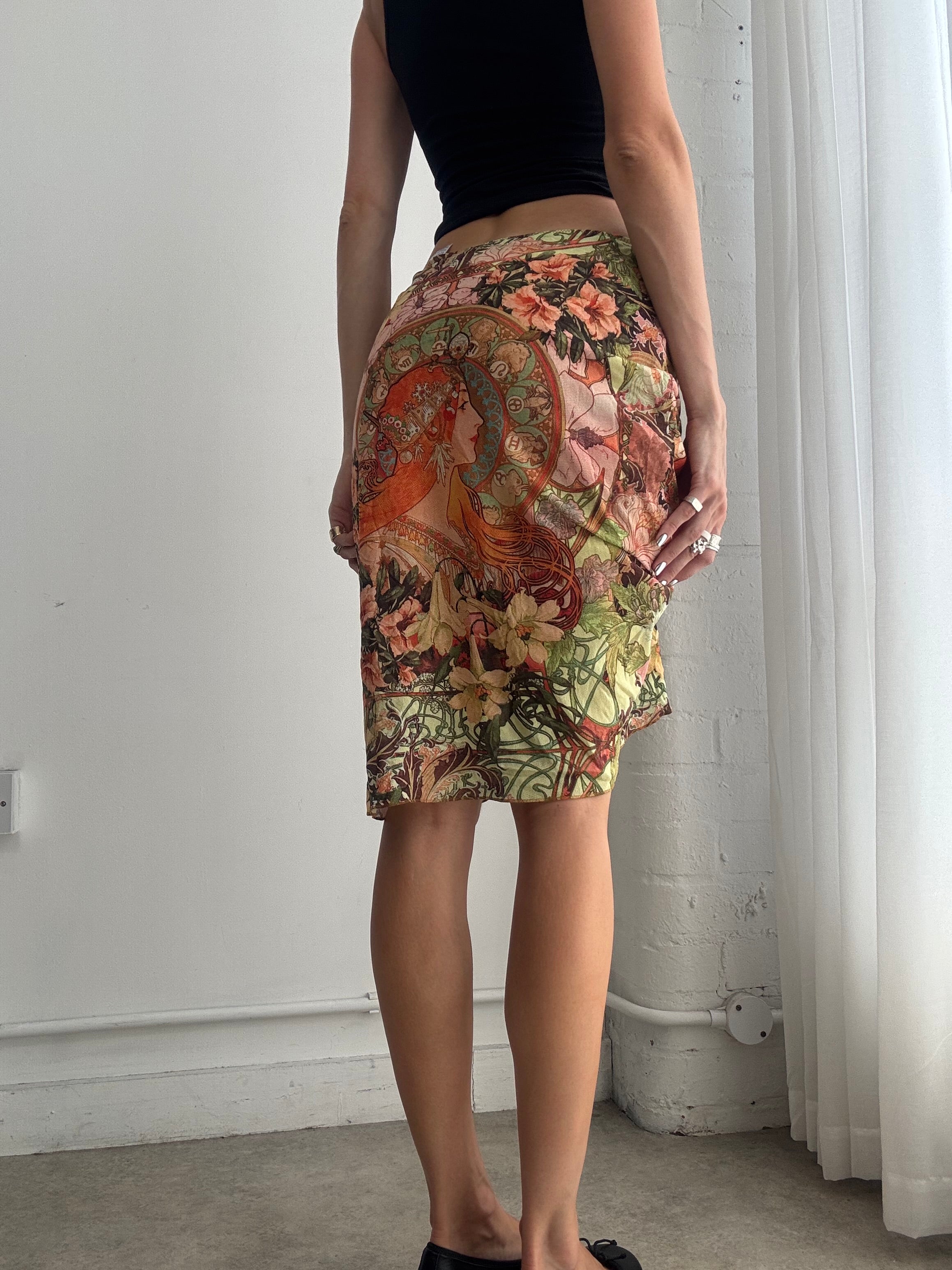 Vintage Y2K Tropical Floral Ruched Midi Skirt – Orange Green Mesh Bodycon Skirt - Size M