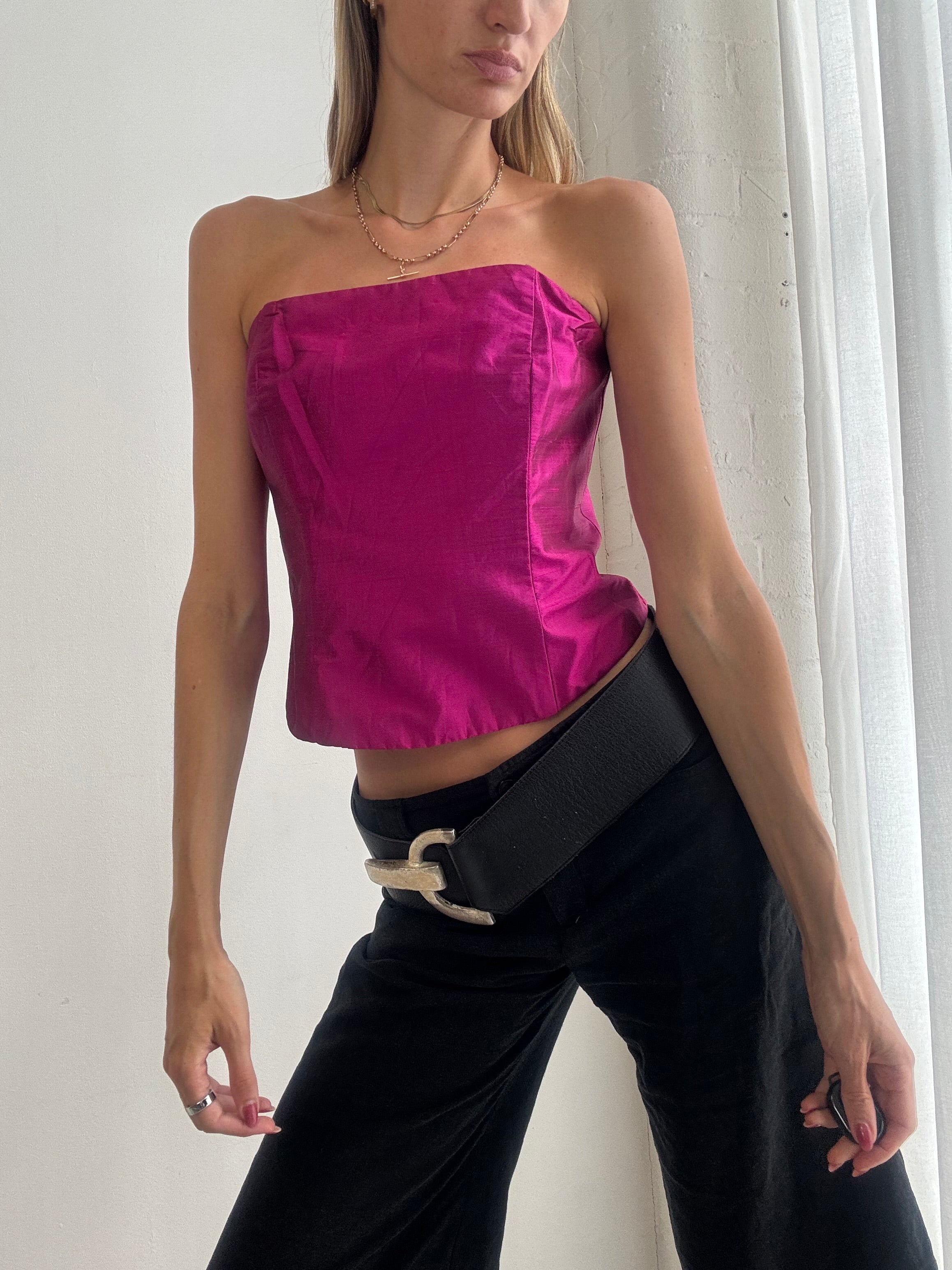 Vintage Y2K Hot Pink Satin Corset Top - Size M