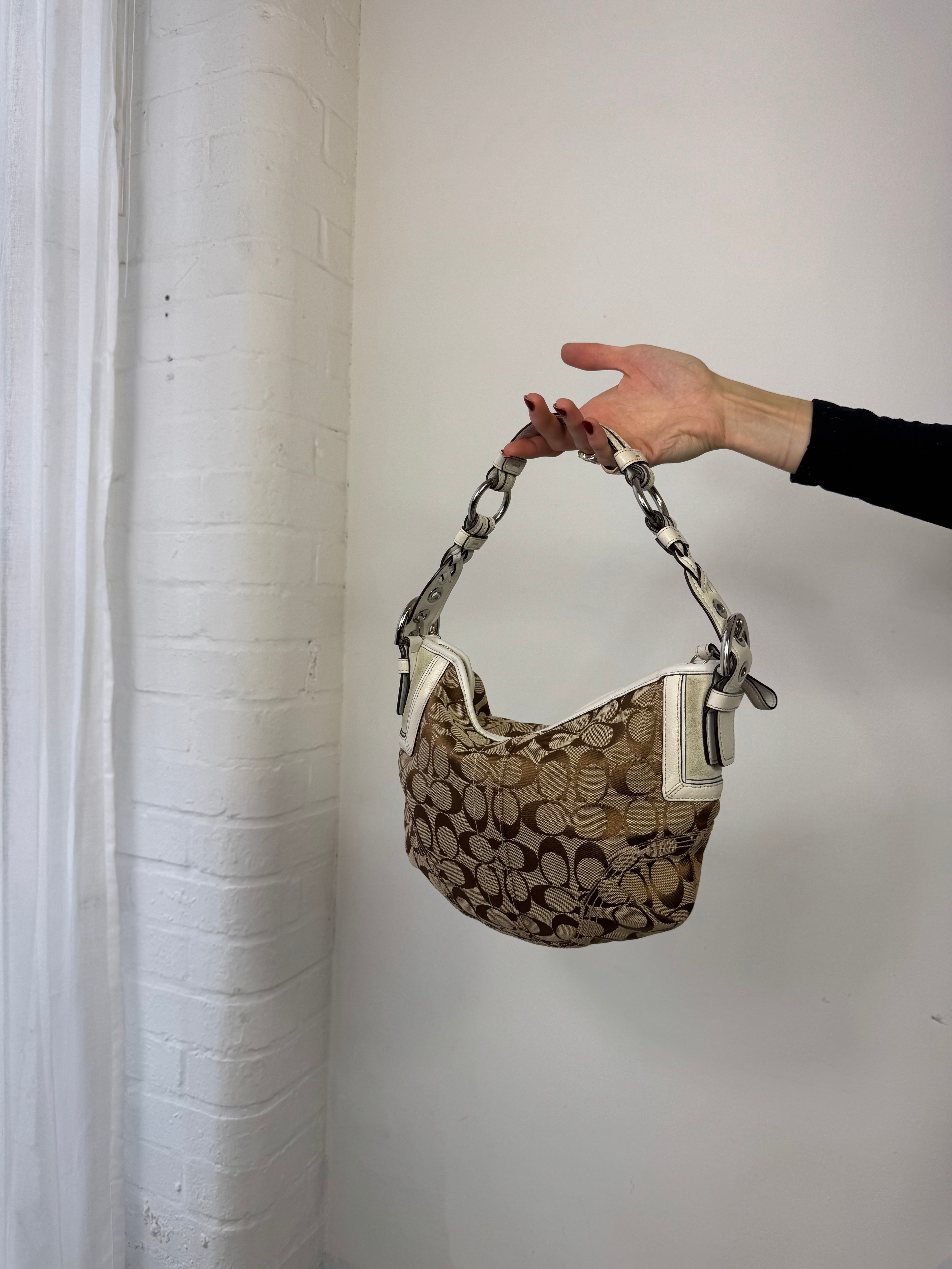 Vintage Y2K coach monogram half moon shoulder bag brown white