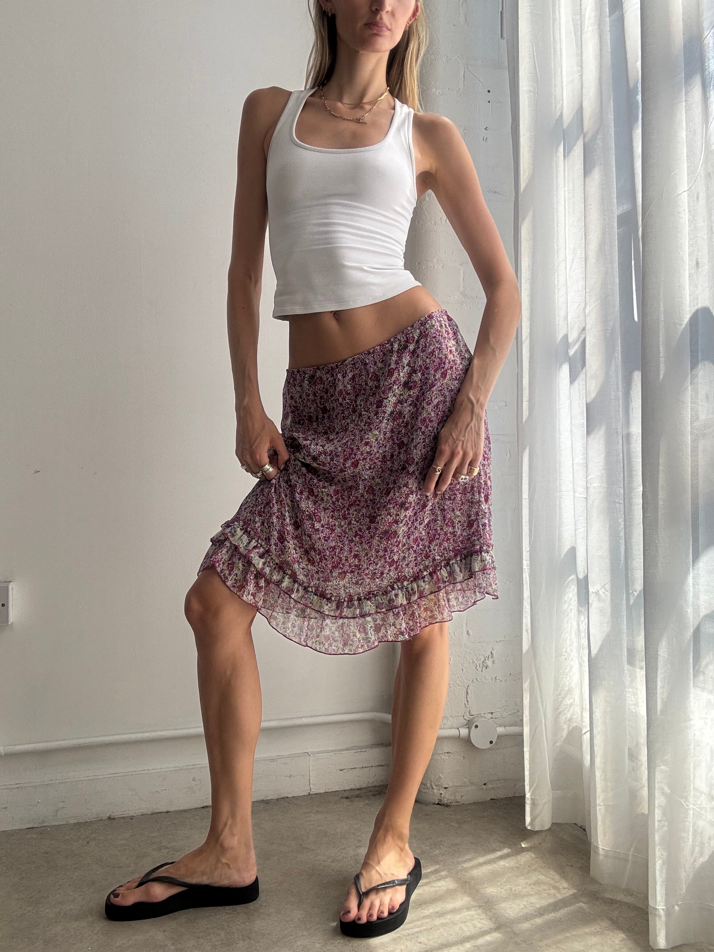 Vintage Floral Mesh Ruffle Midi Skirt Y2K - Size M