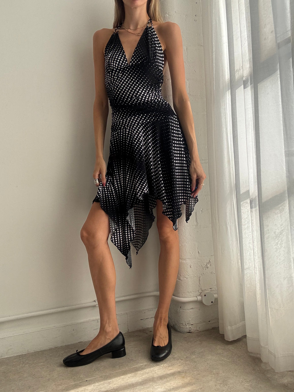 Vintage Y2K Black & White Polka Dot Asymmetric Dress - Size M