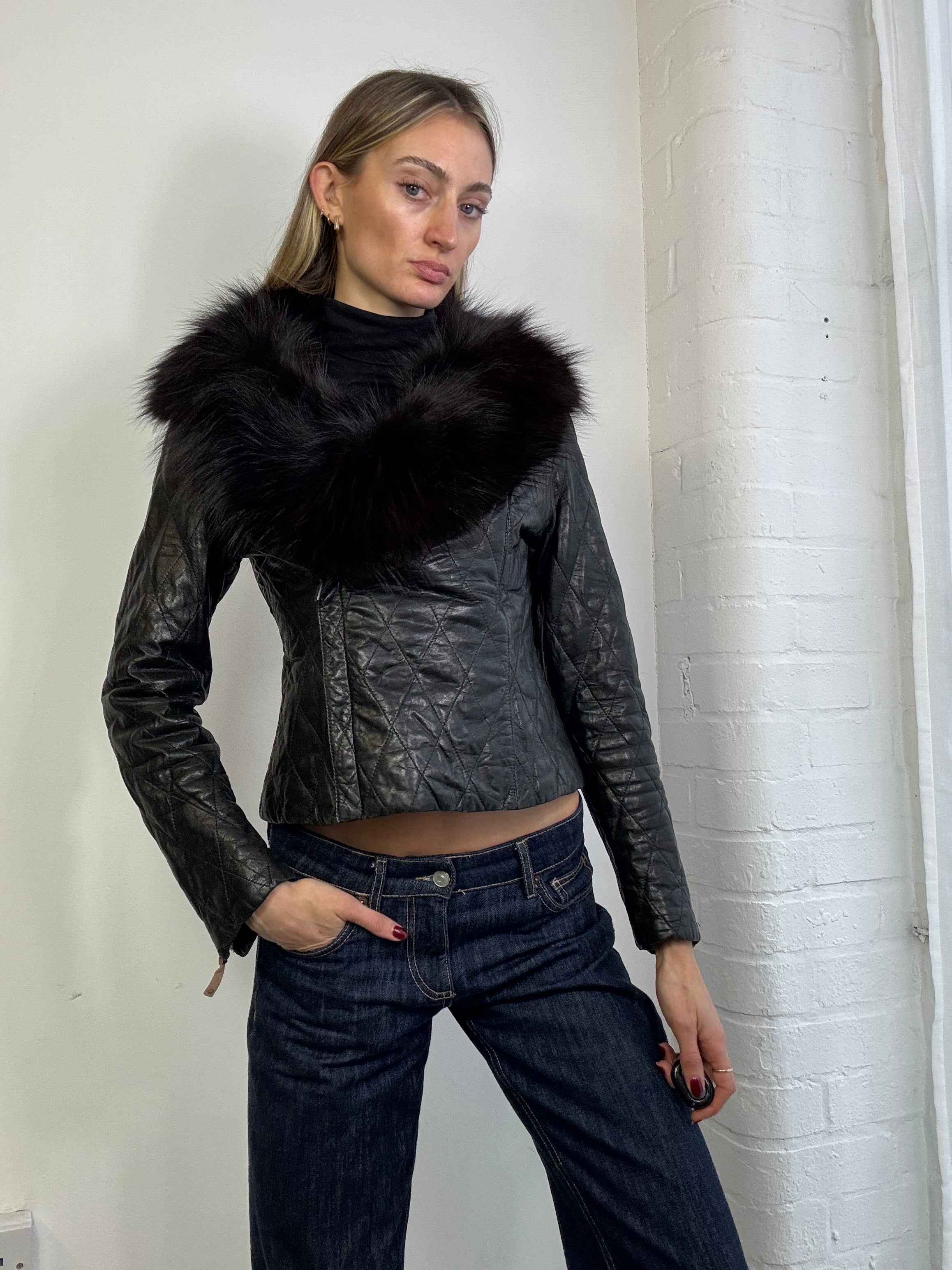 Vintage Y2K asymmetric leather biker jacket with fur trim