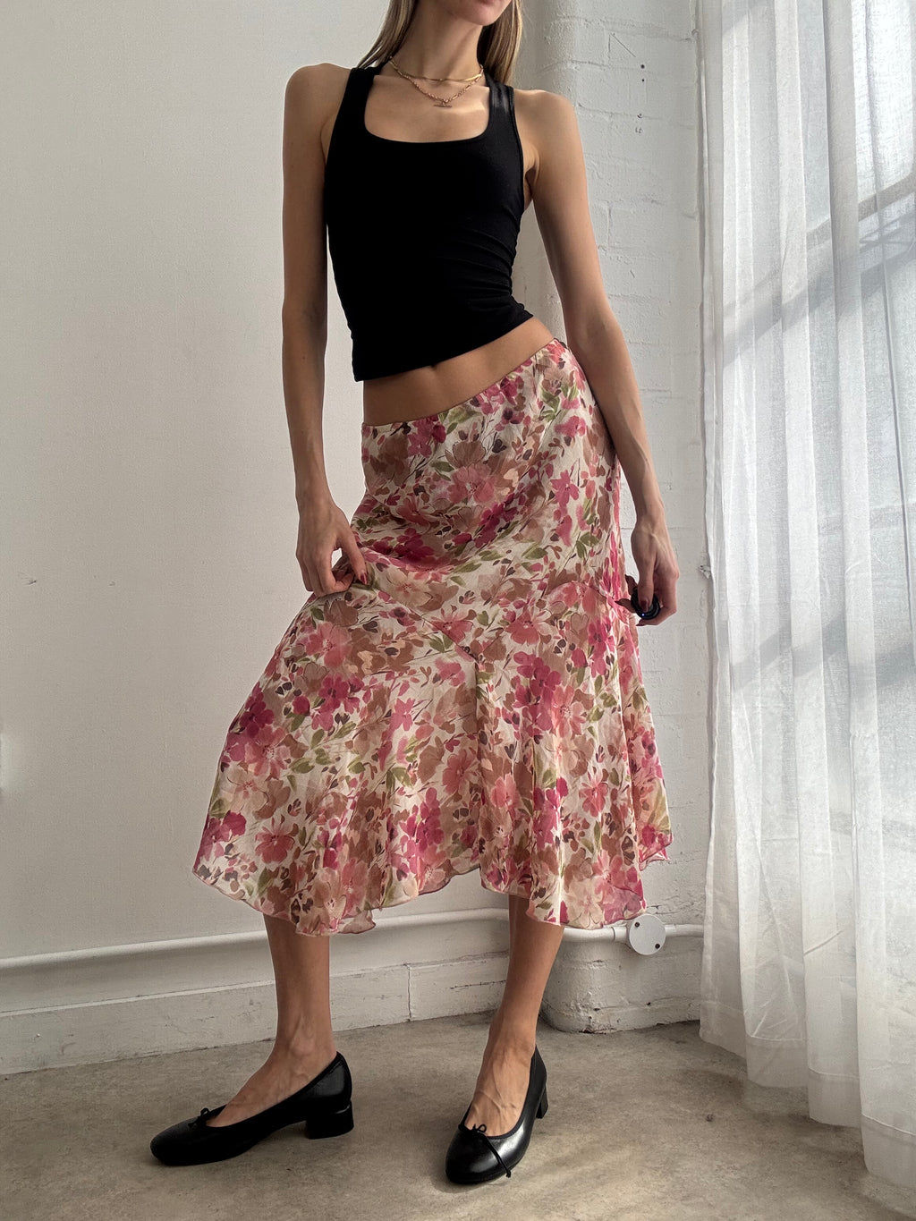 Vintage Y2K pink floral mesh asymmetric midi skirt