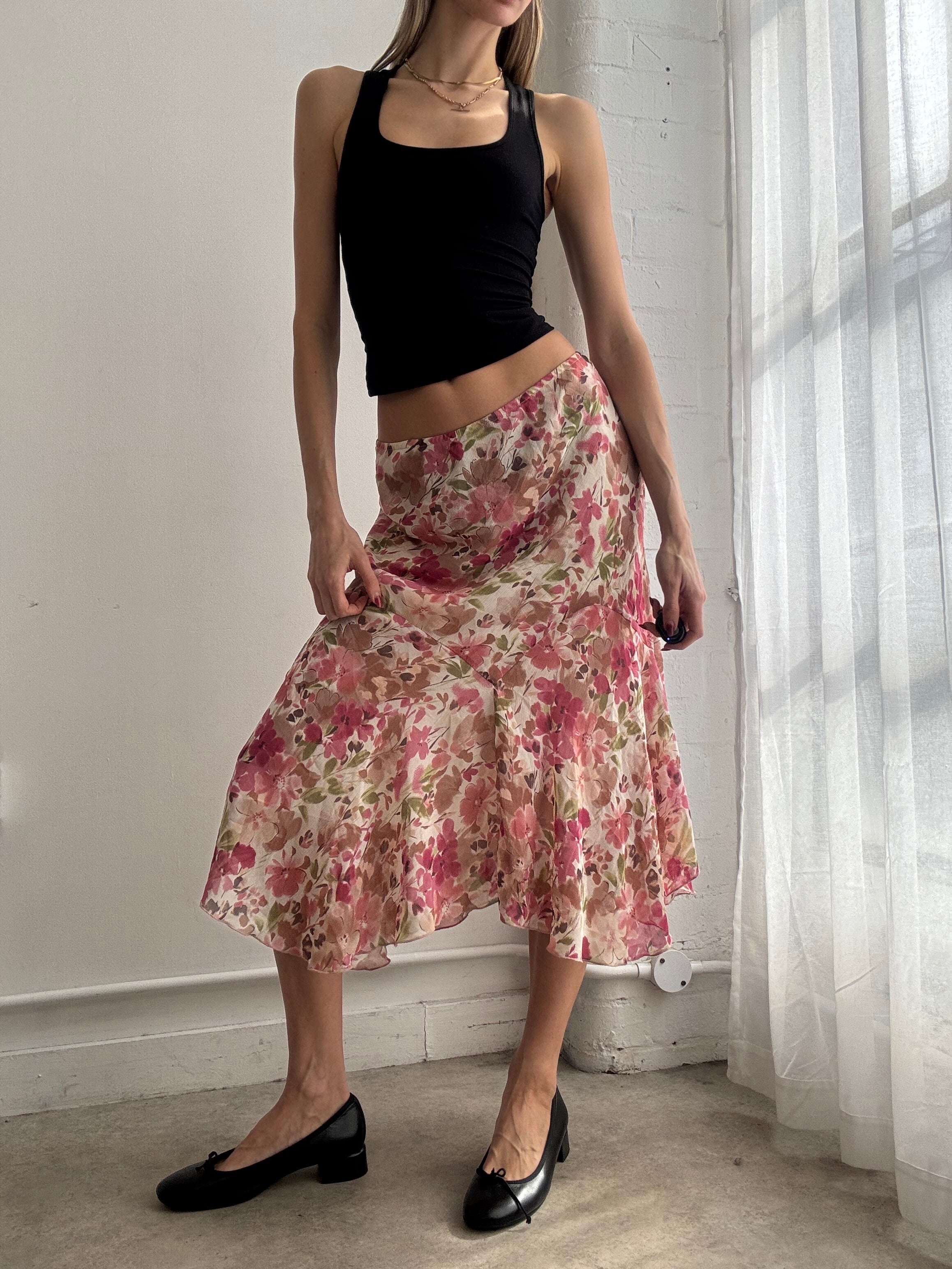 Vintage Y2K pink floral mesh asymmetric midi skirt