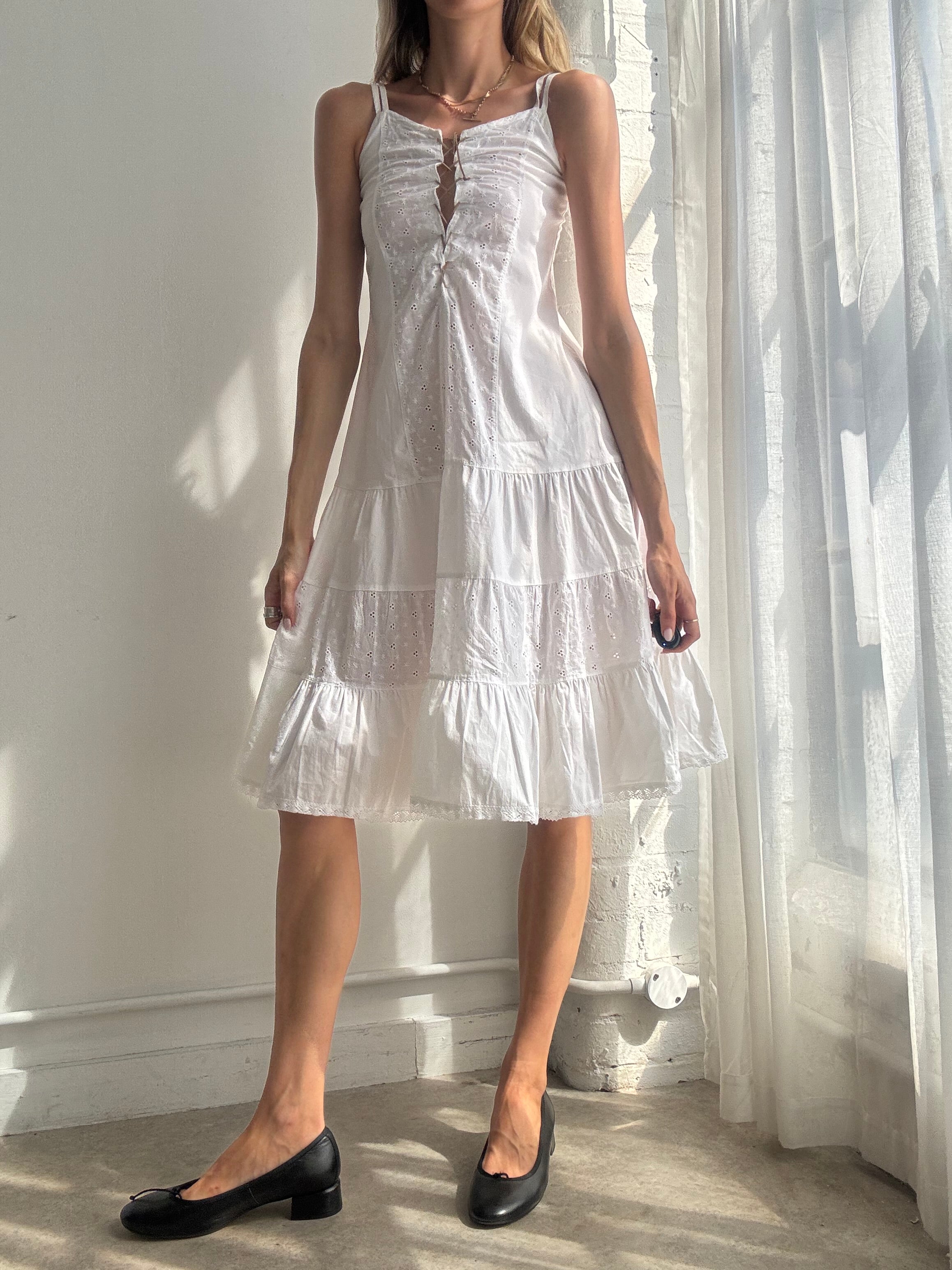 Vintage White Tiered Cotton Midi Dress - Size XS
