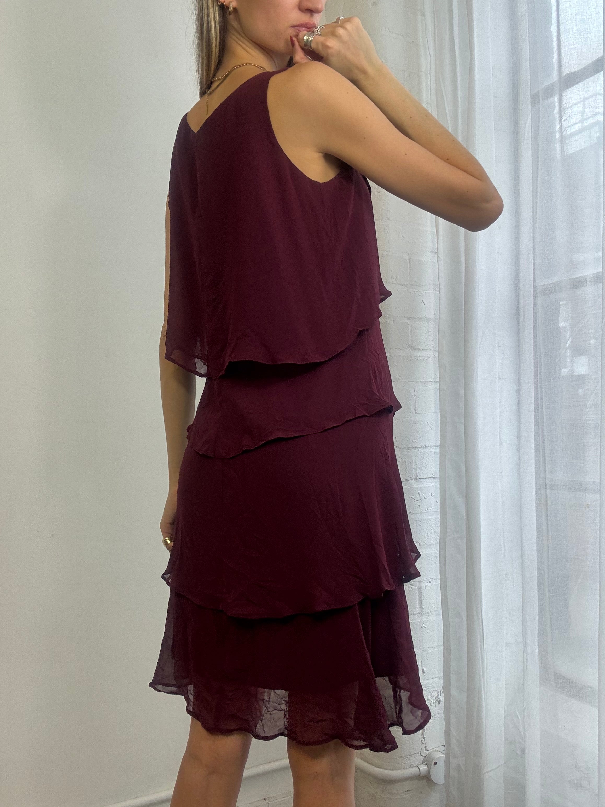 Vintage Y2k Burgundy Mesh Ruffle Mini Dress