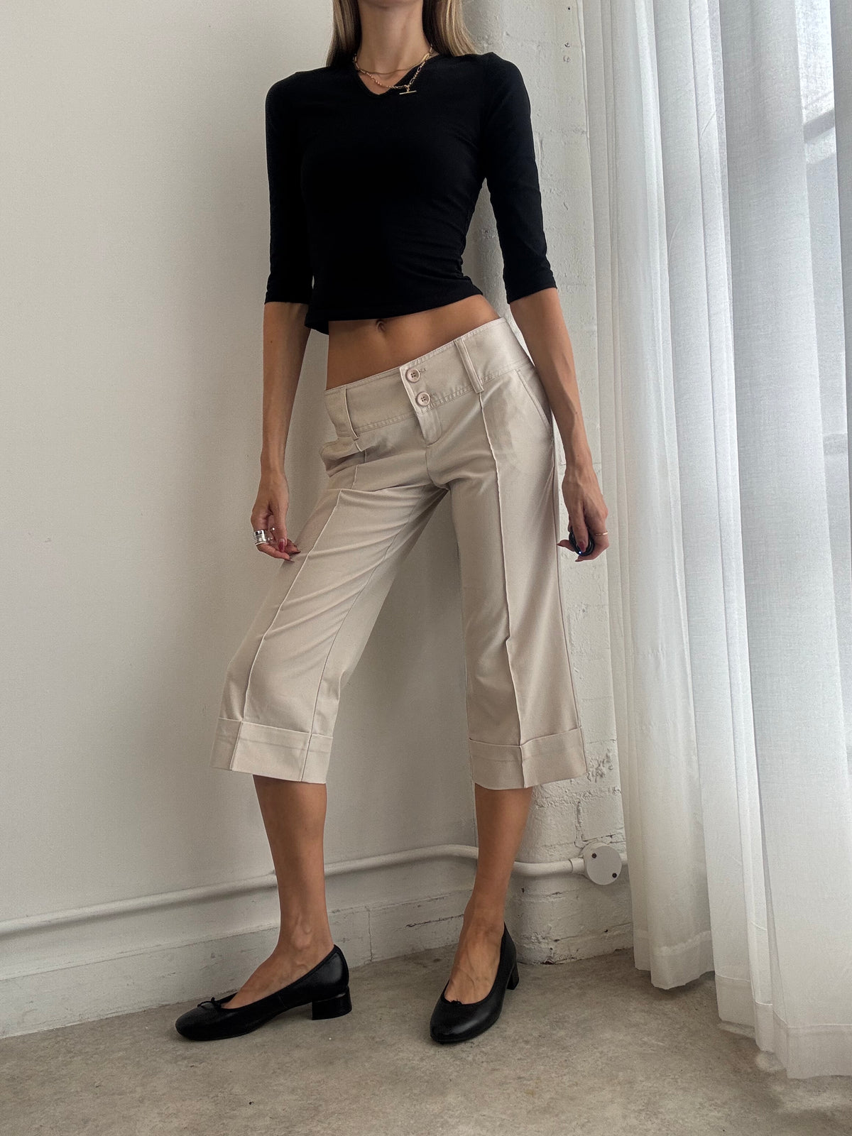 Vintage Y2K Beige Low Rise Tailored Capri Trousers - Size S-M
