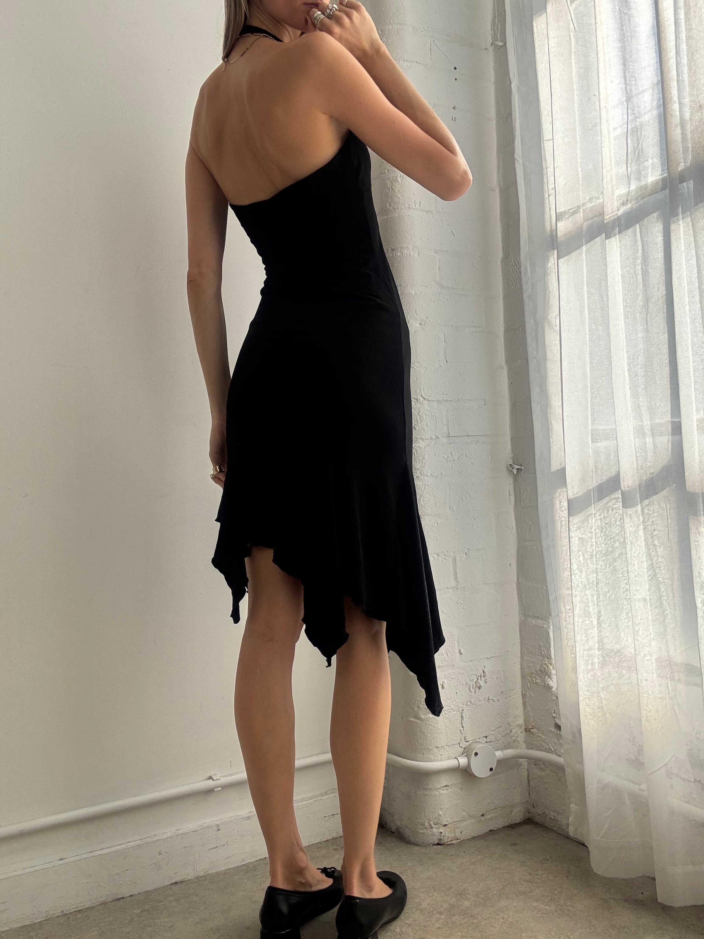 Vintage Y2k Halter Neck Asymmetric Midi Dress Black