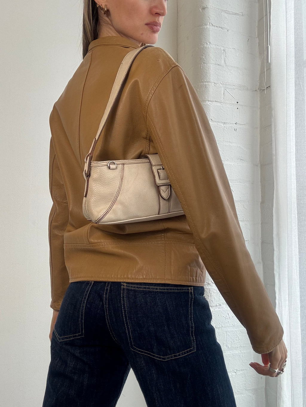Vintage Y2K tan leather zip jacket