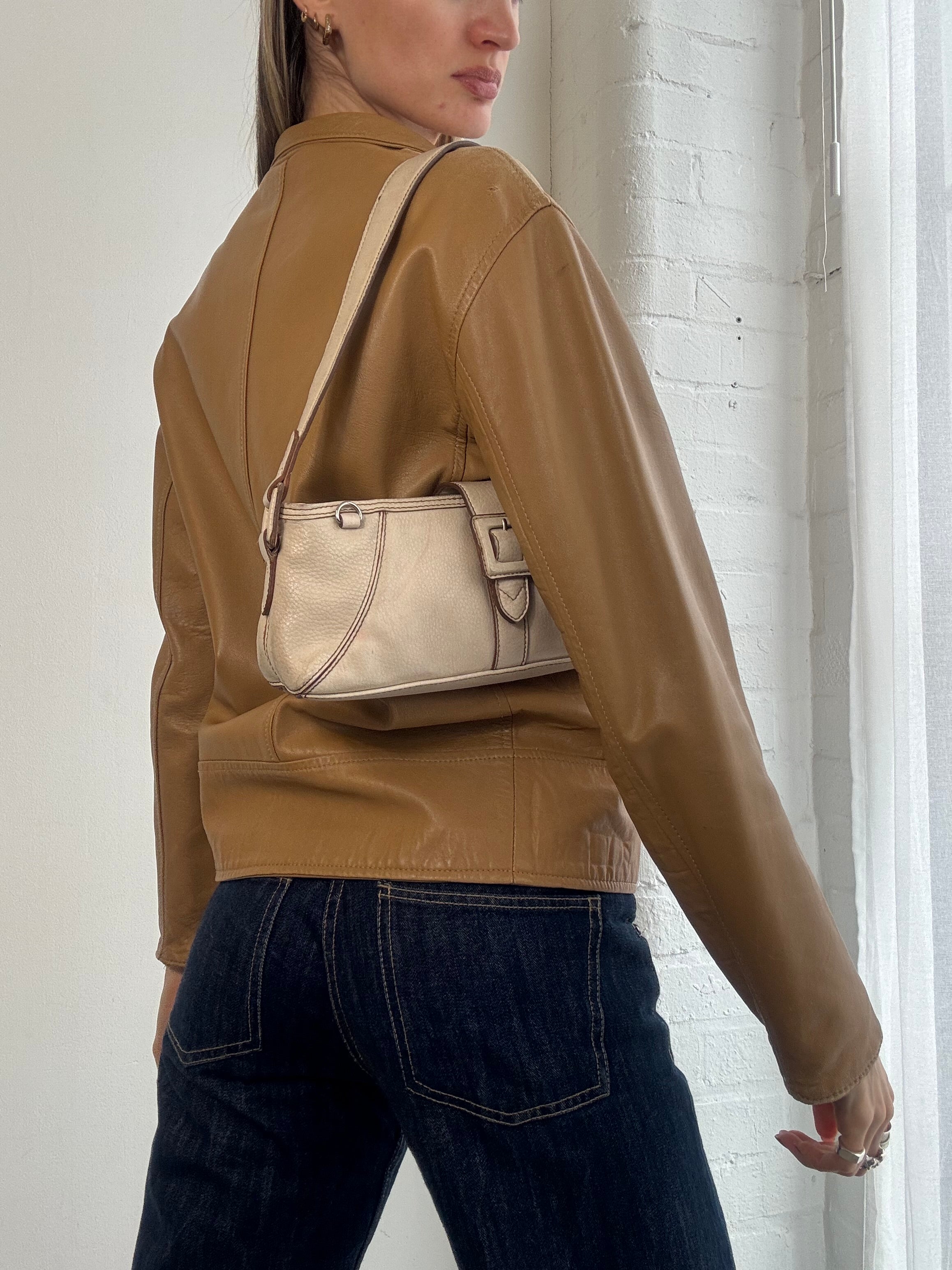Vintage Y2K tan leather zip jacket