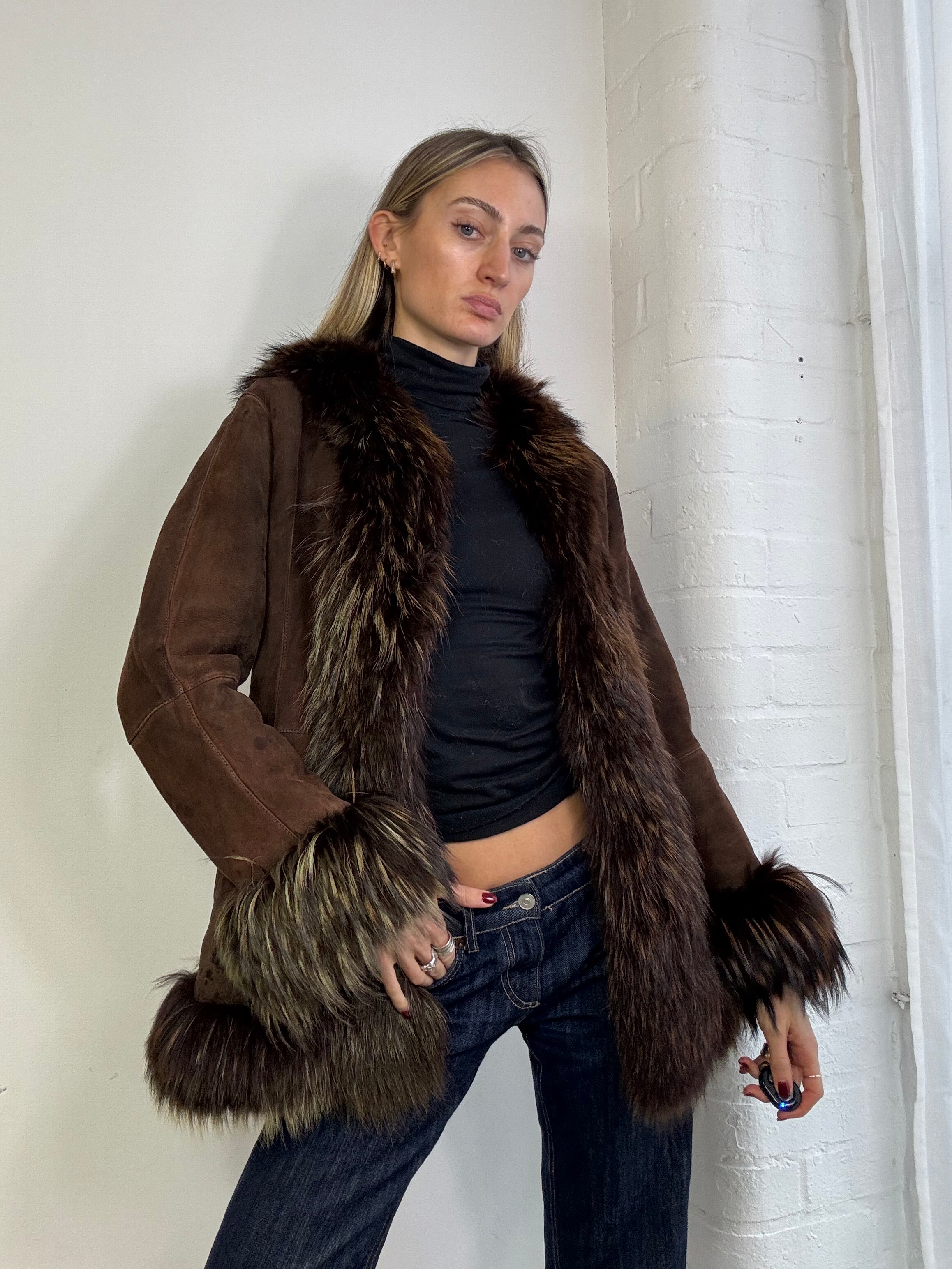 Vintage 90s brown suede & fur Afghan coat