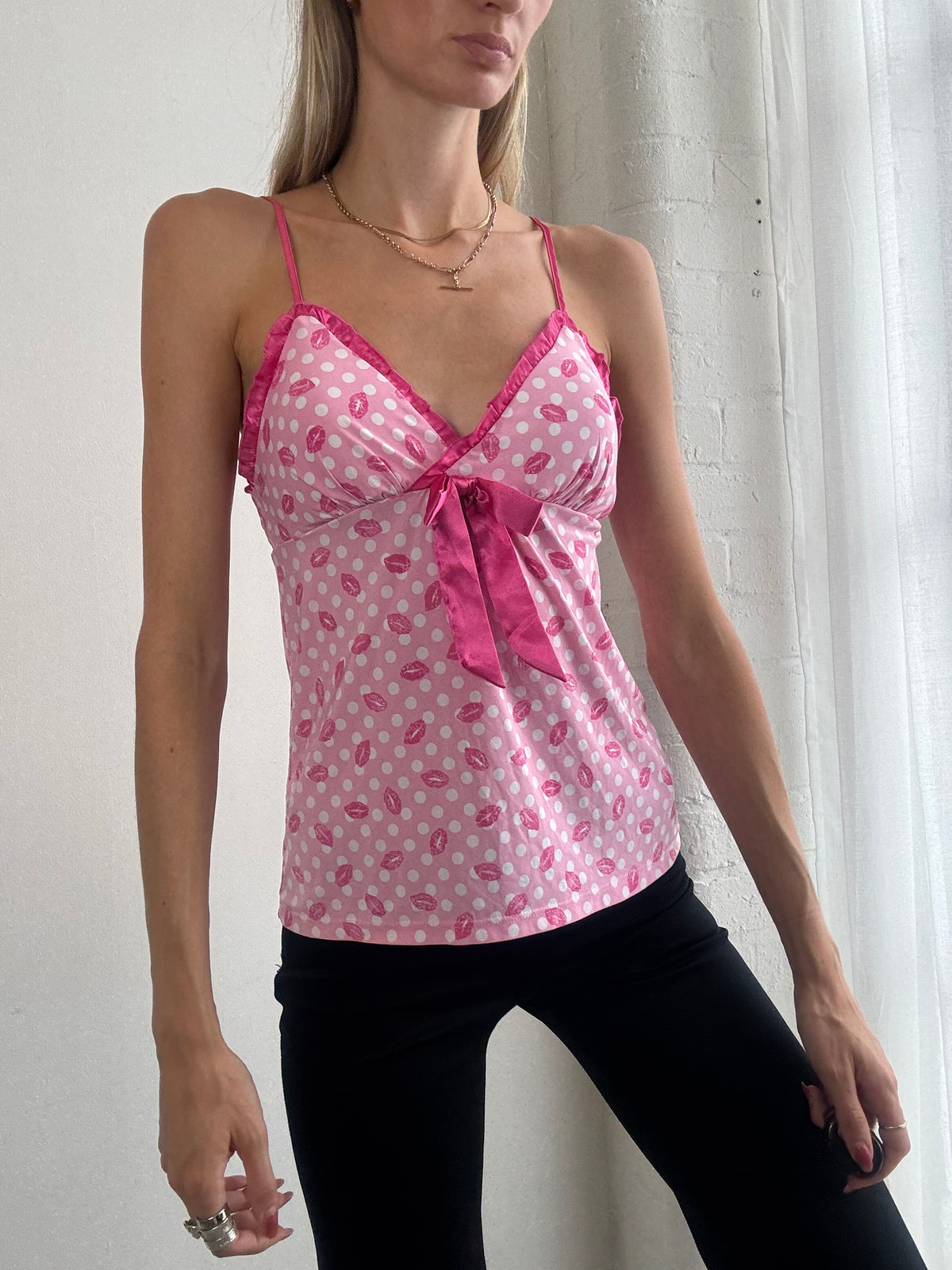 Vintage Y2K Pink Polka Dot Satin Bow Cami Top - Size S