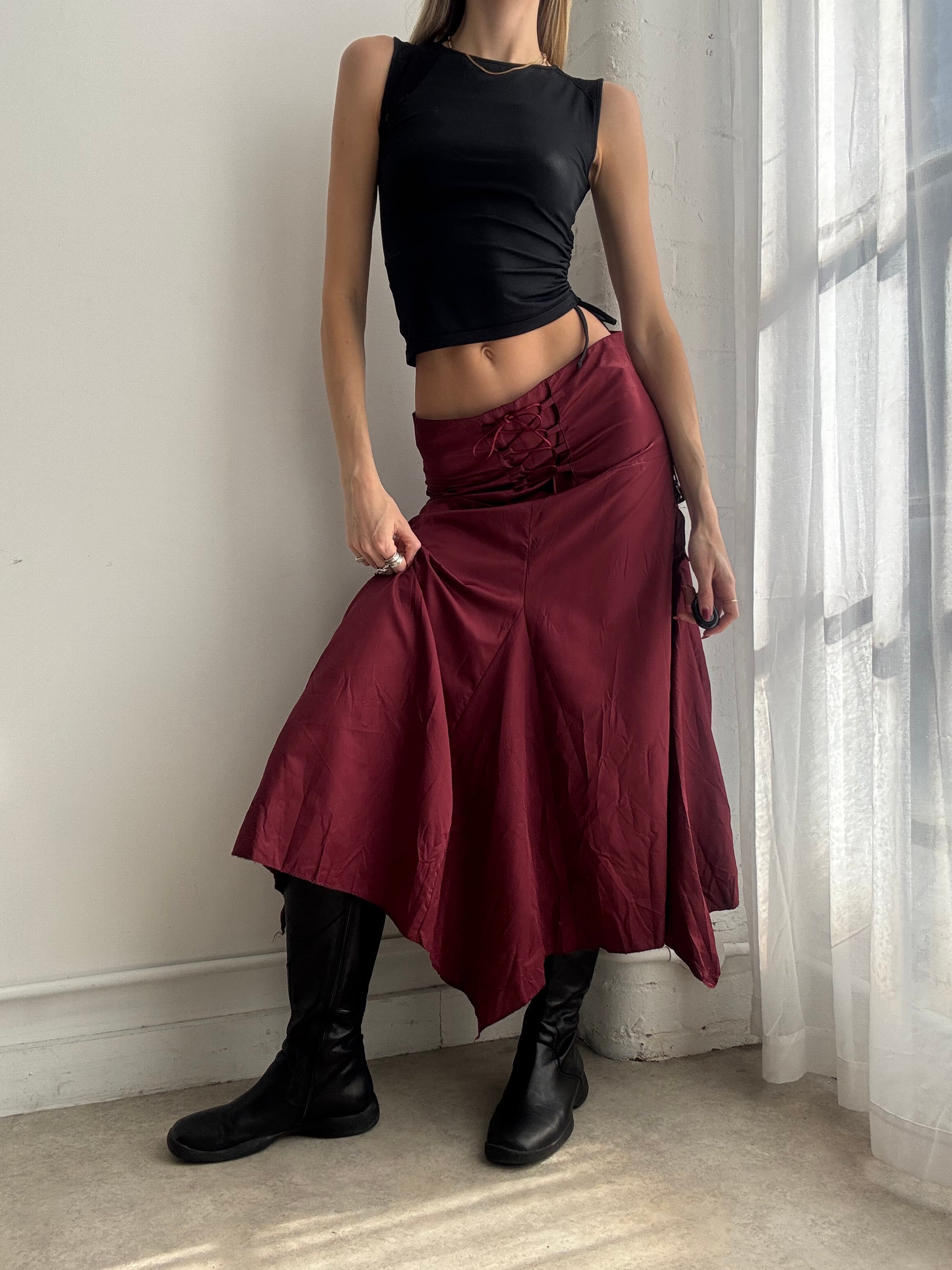 Vintage Y2K burgundy asymmetric midi skirt