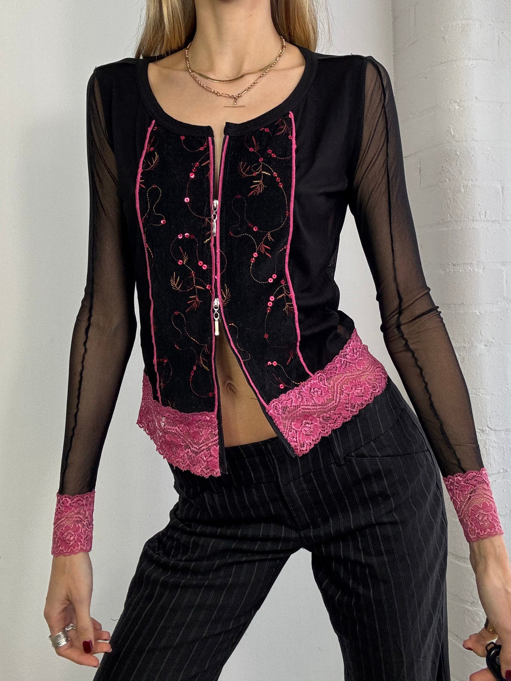 Vintage Y2K sheer mesh top with dual zip front and lace trim