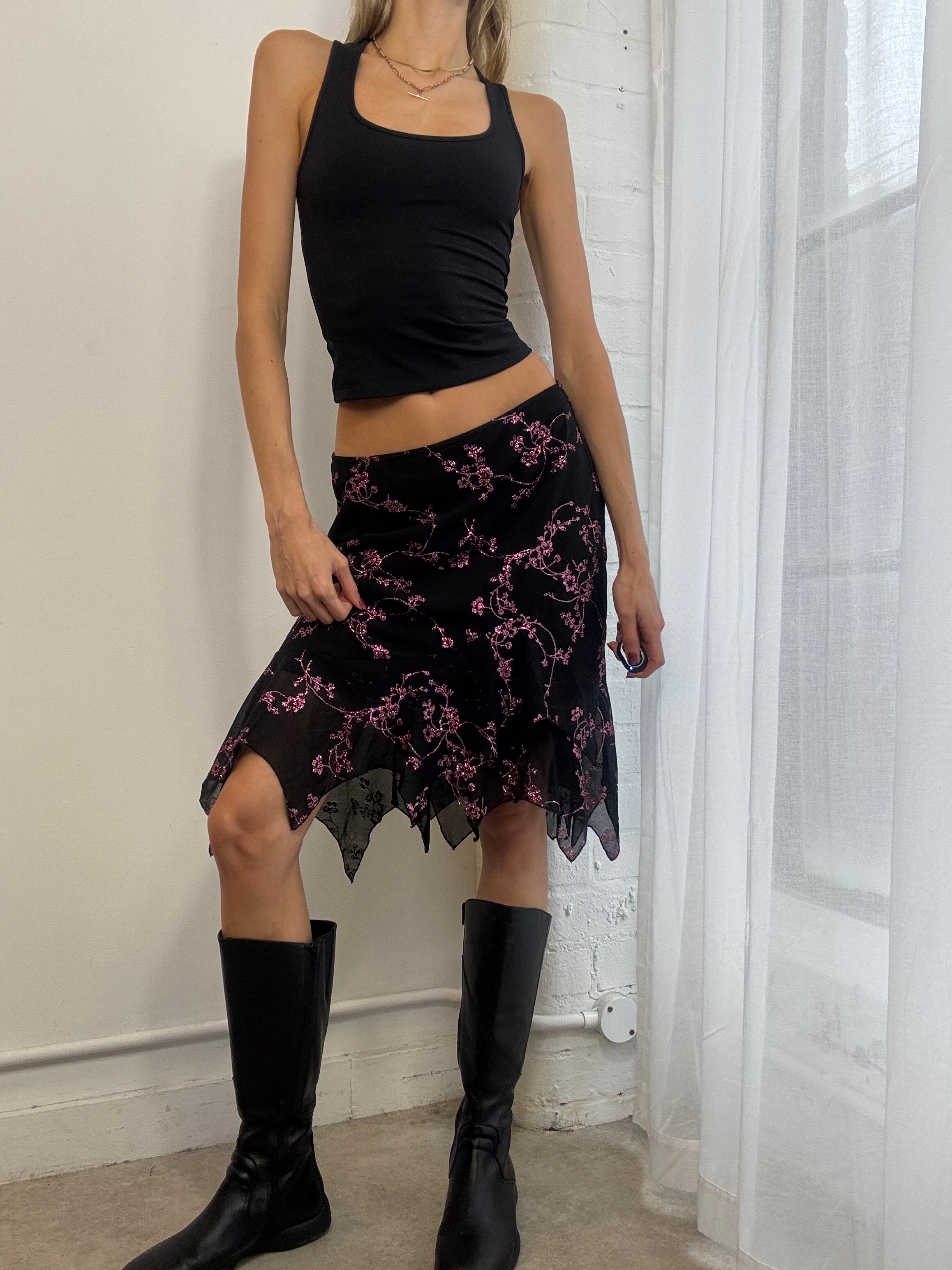 Vintage Y2K black & pink sparkly floral mesh midi skirt asymmetric