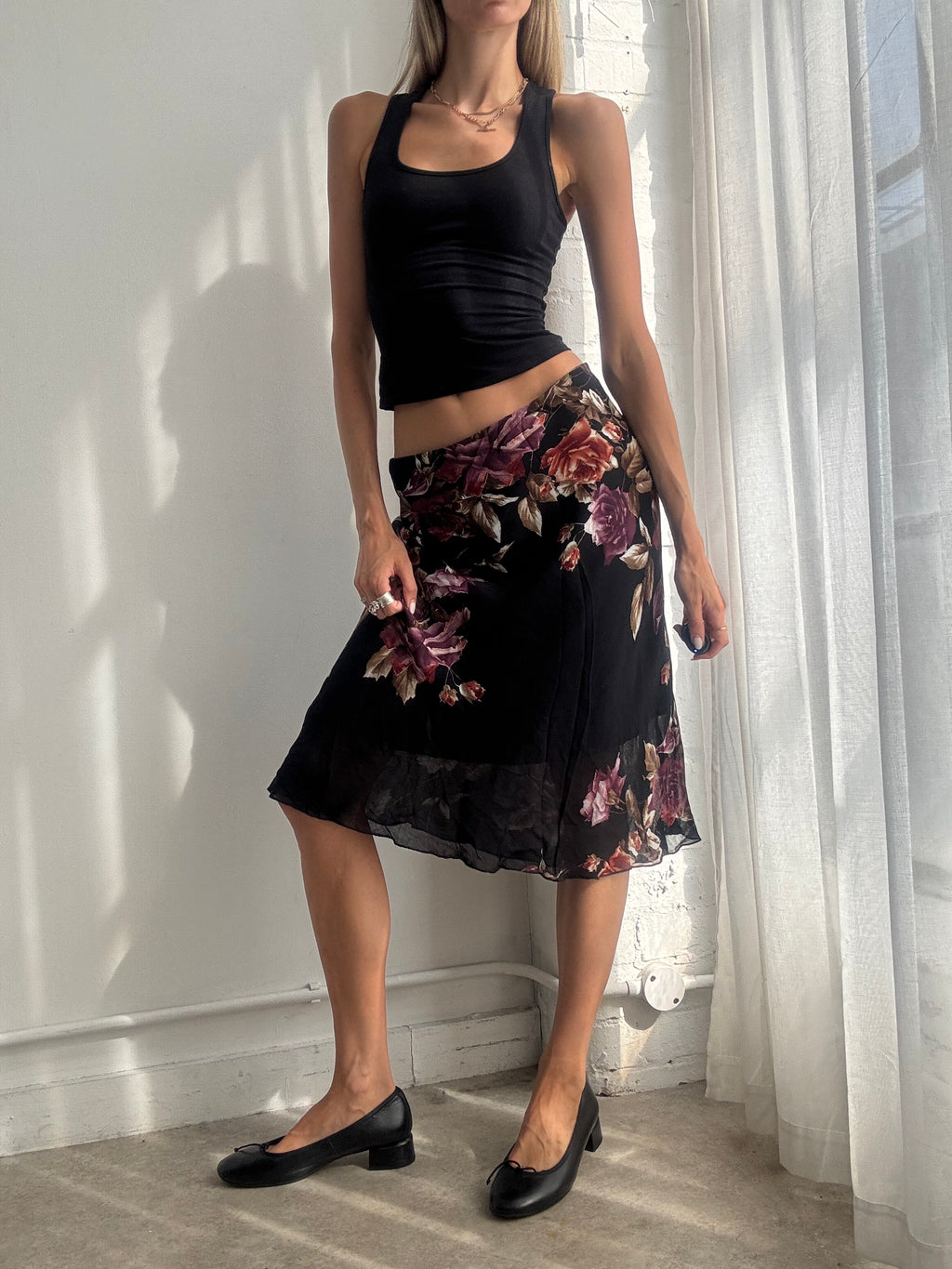 Vintage Y2K Black Floral Mesh Midi Skirt - Size M/L