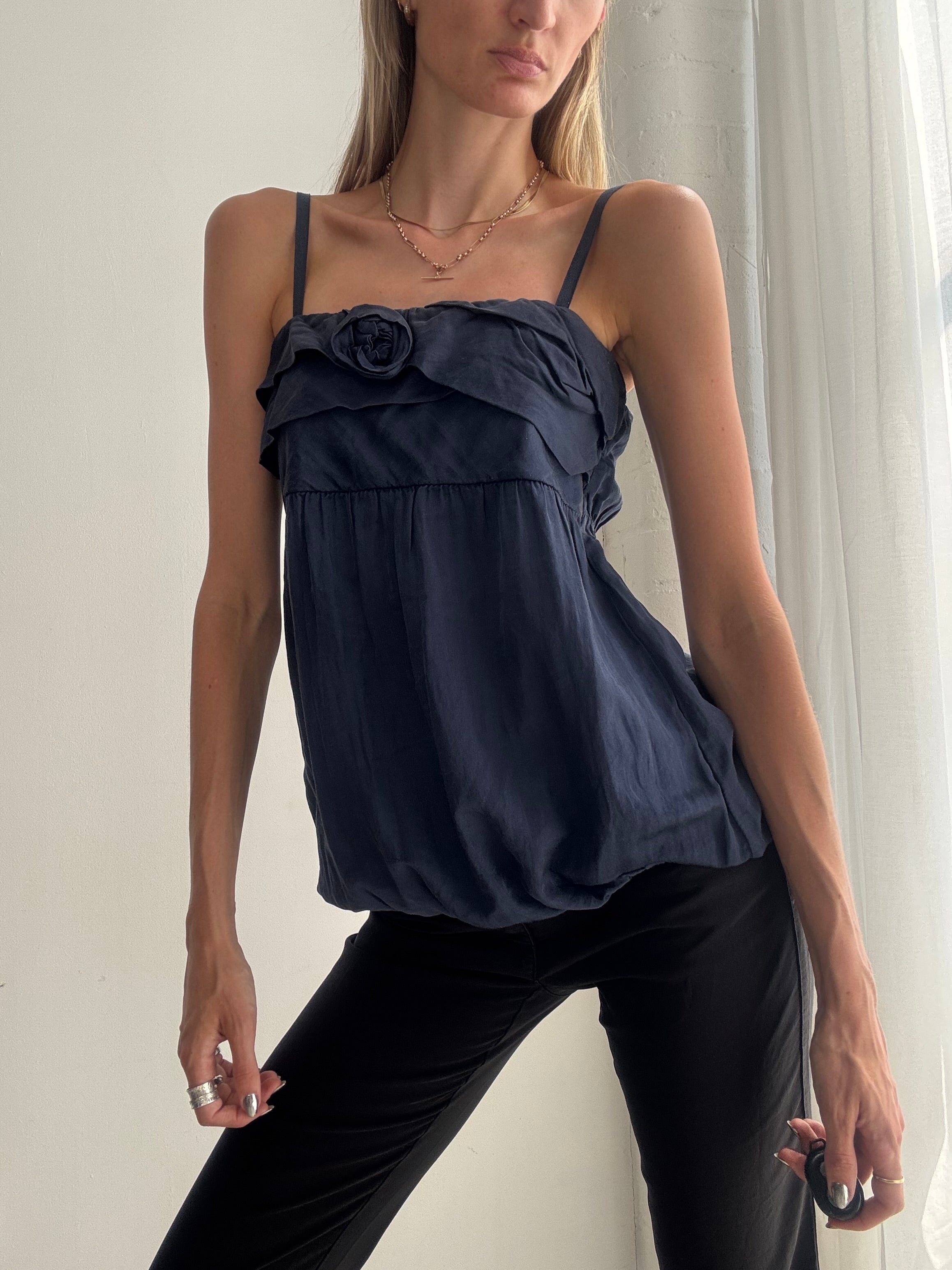 Vintage Y2K Navy Cami Top – Floral Rosette Babydoll Top - Size XS/S
